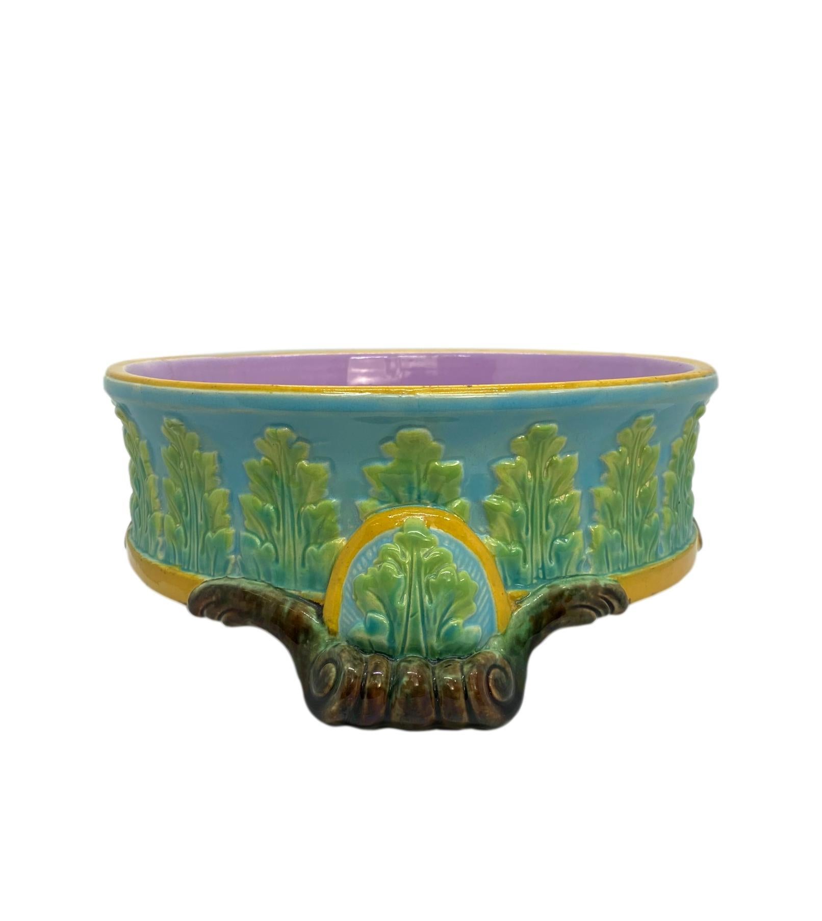 Victorian George Jones Majolica Dog Bowl, Glazed in Turquoise, Pink Interior, Dated 1884