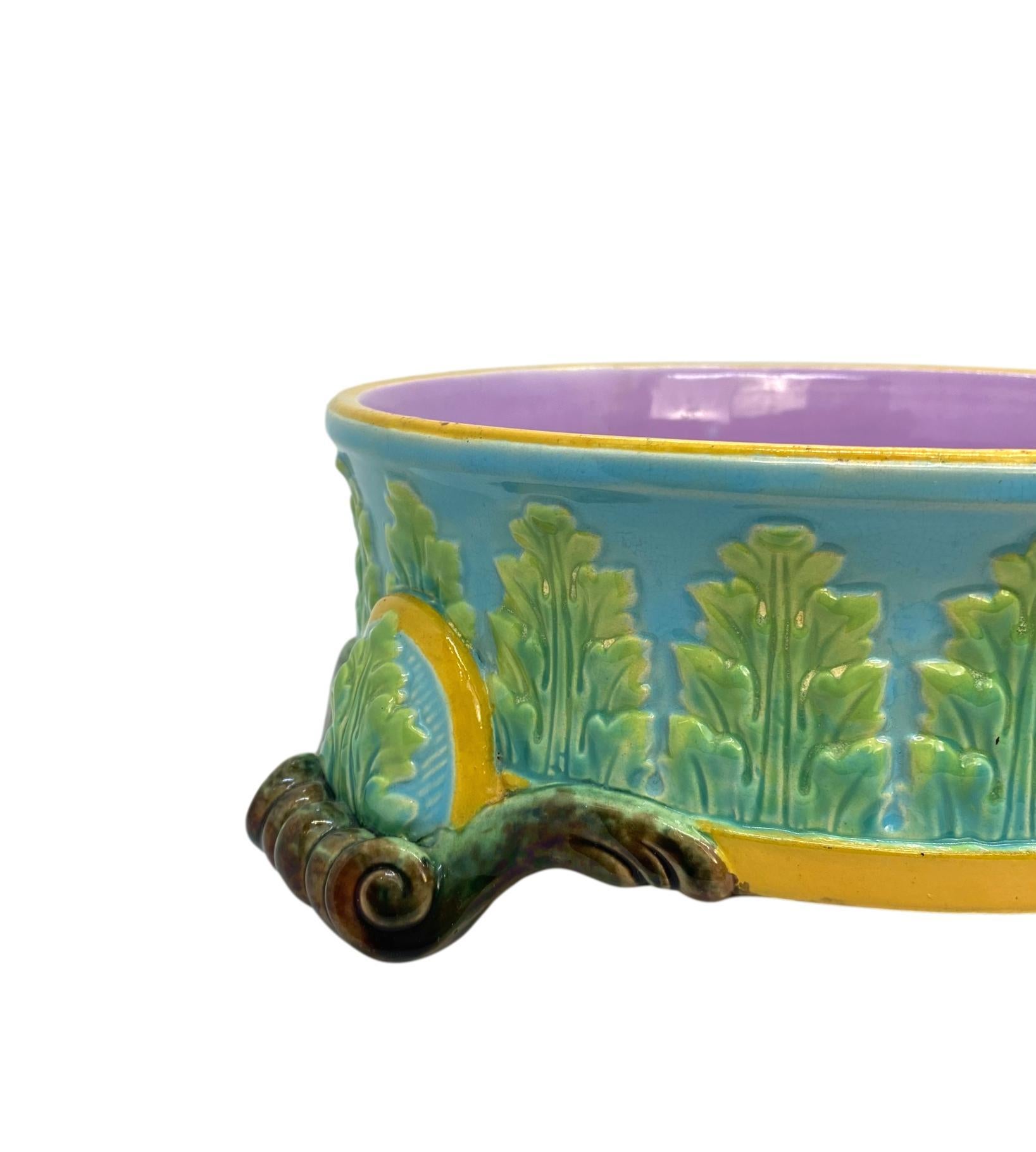 English George Jones Majolica Dog Bowl, Glazed in Turquoise, Pink Interior, Dated 1884