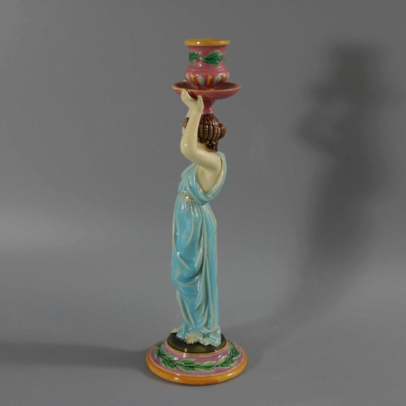 Late Victorian George Jones Majolica Egyptian Figural Candlestick For Sale