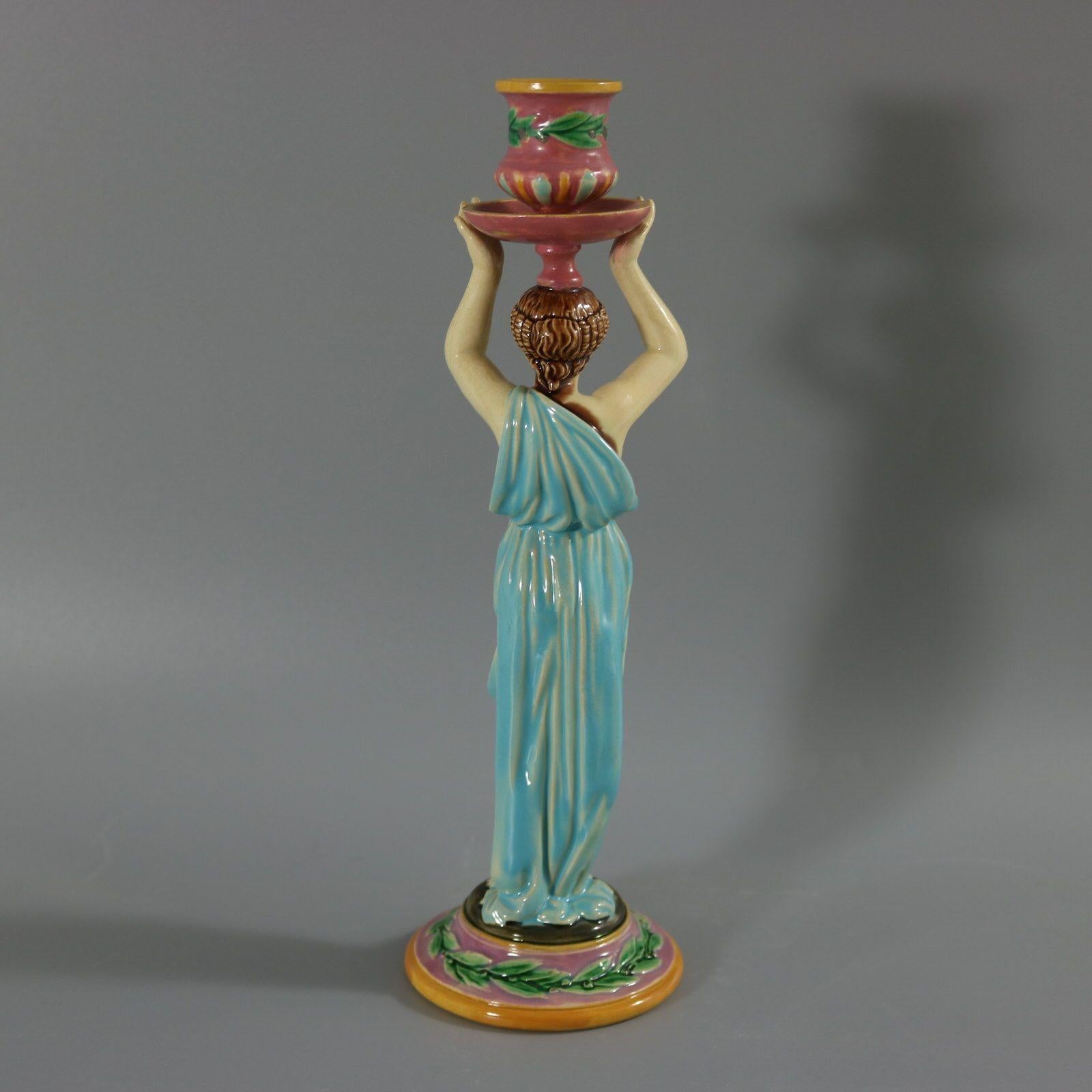 George Jones Majolica Egyptian Figural Candlestick In Good Condition For Sale In Chelmsford, Essex