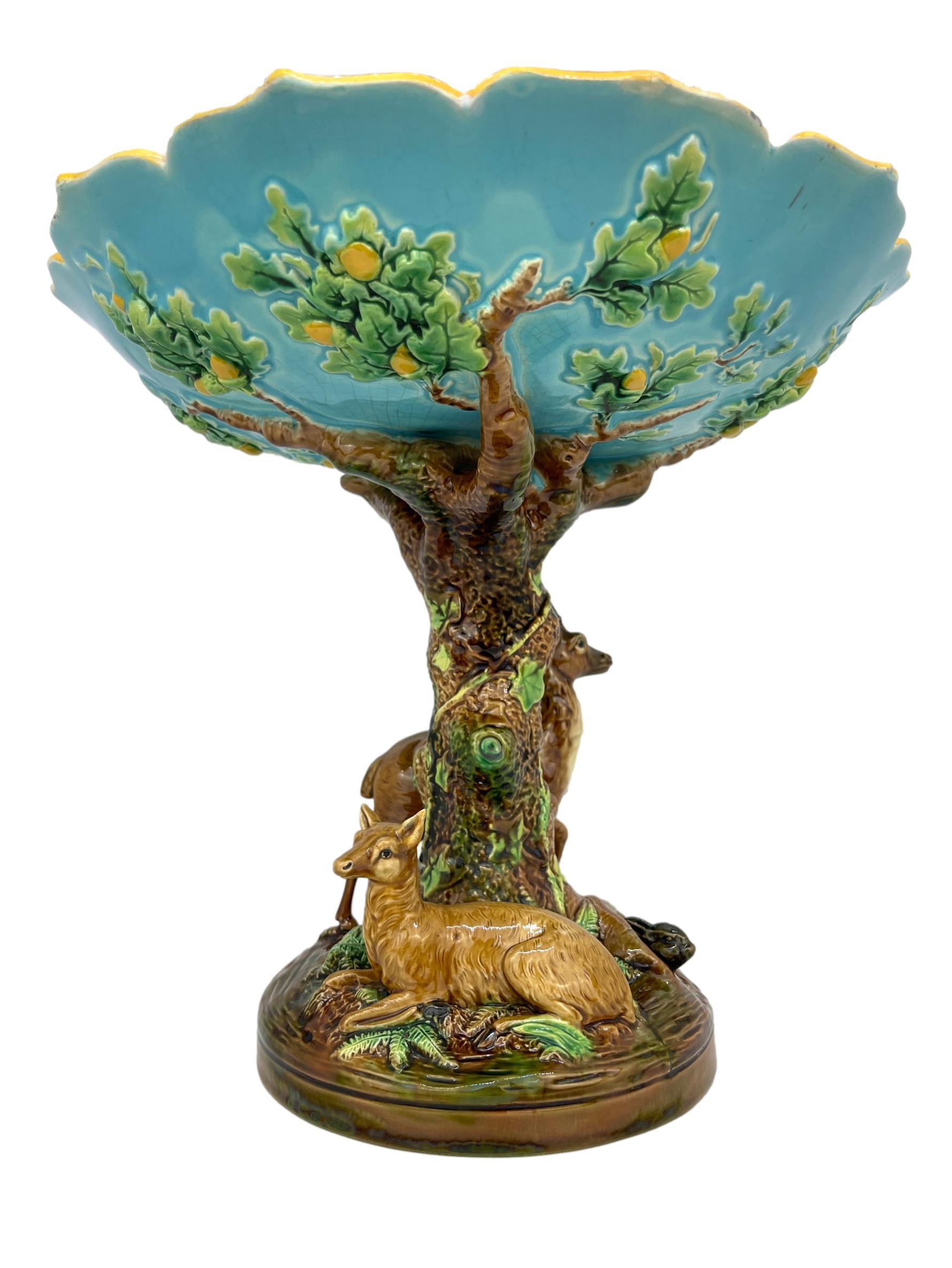 George Jones Majolica 'Europe' Centerpiece, Stag, Doe and Rabbit, English, 1872 In Good Condition In Banner Elk, NC