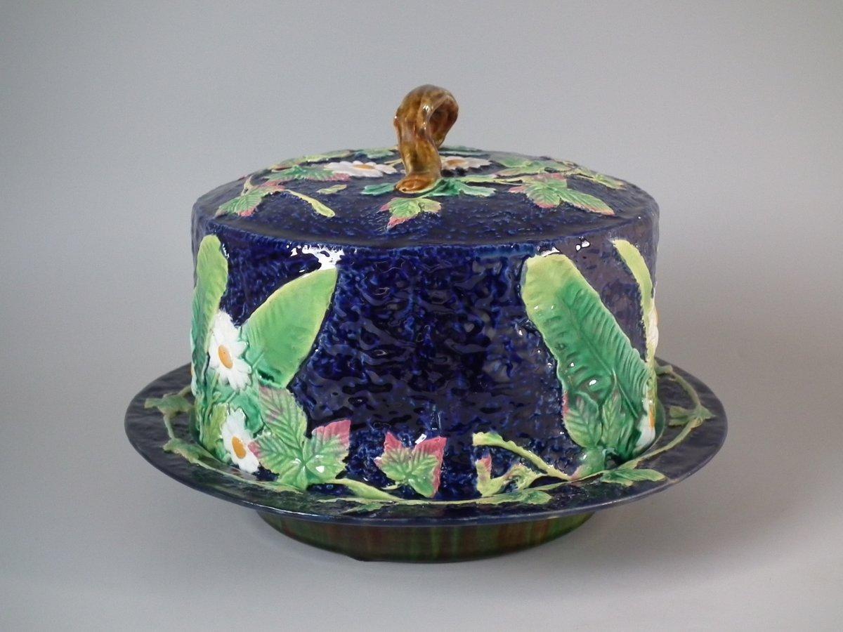 George Jones Majolica Floral Cheese Dome and Stand 1