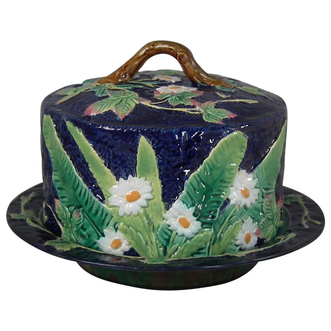 George Jones Majolica Floral Cheese Dome and Stand