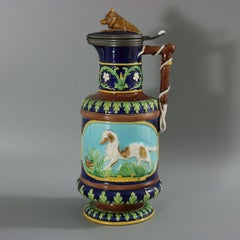 George Jones Majolica Fox and Dog Lidded Jug/Pitcher