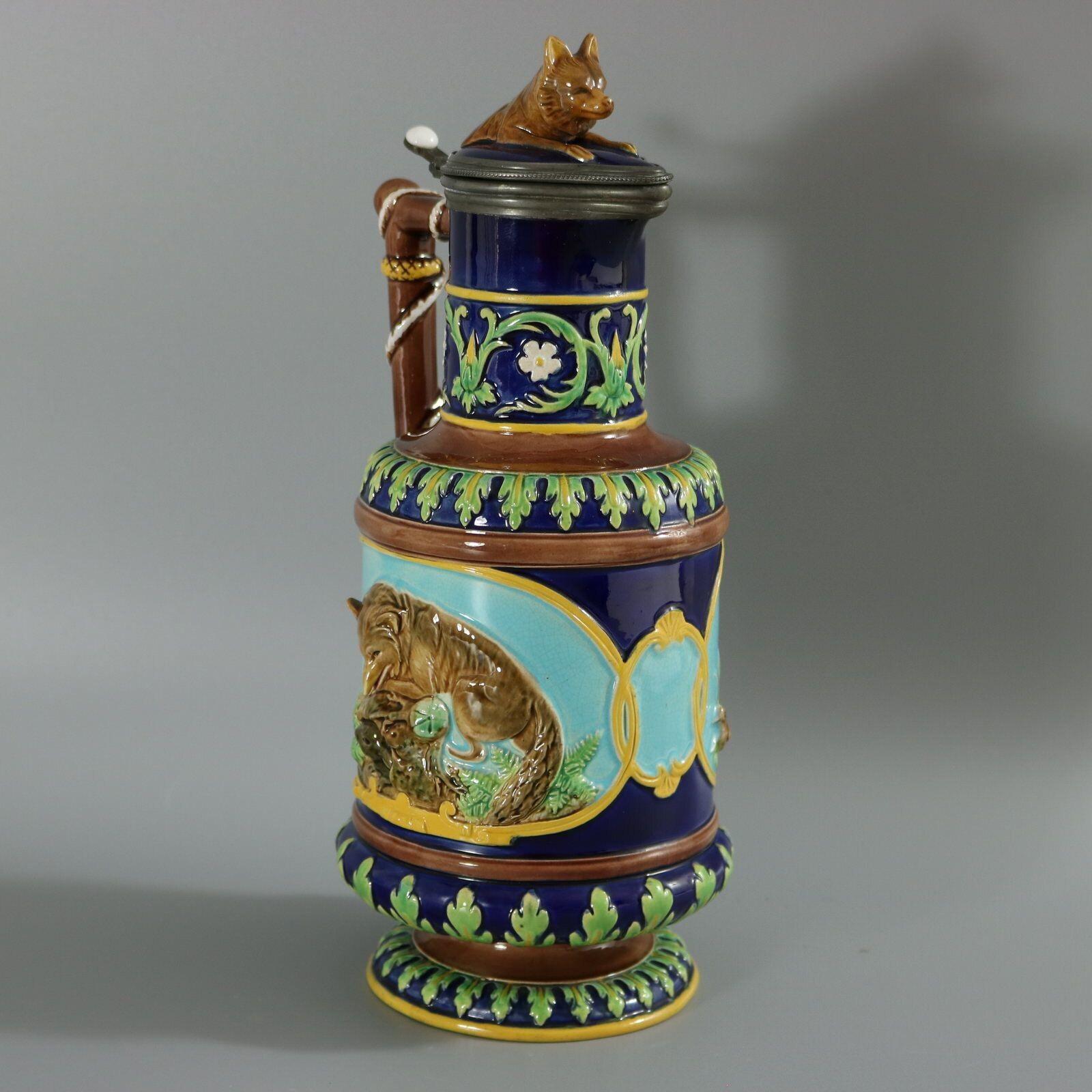 Late 19th Century George Jones Majolica Fox and Dog Lidded Jug/Pitcher For Sale