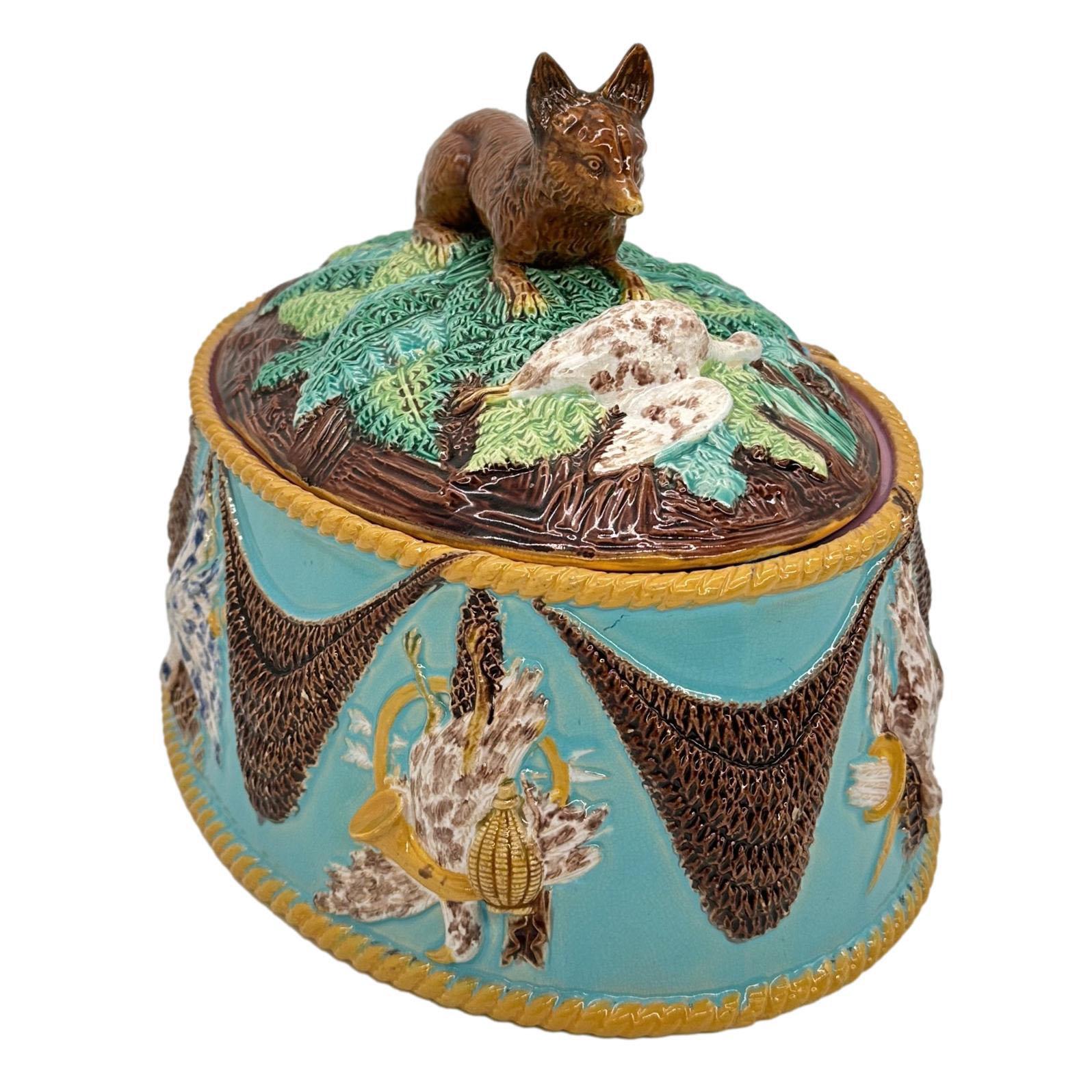 Victorian George Jones Majolica Game Tureen with Fox, Turquoise Ground, English, ca. 1870 For Sale
