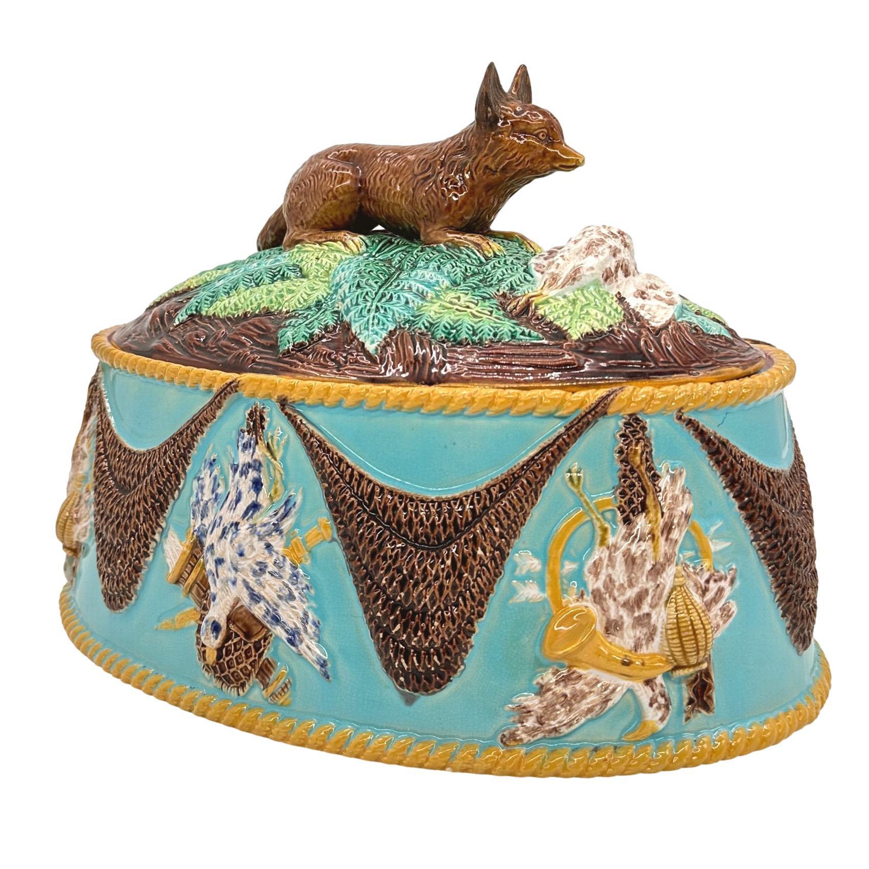 Molded George Jones Majolica Game Tureen with Fox, Turquoise Ground, English, ca. 1870 For Sale