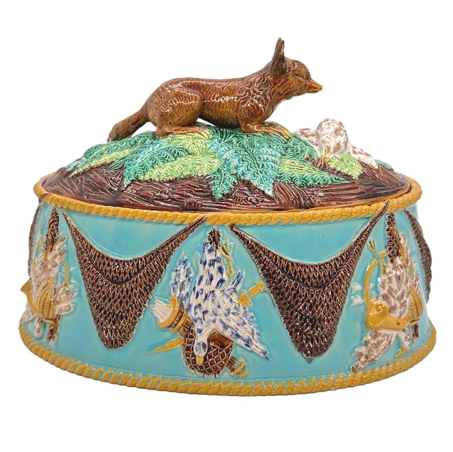 George Jones Majolica Game Tureen with Fox, Turquoise Ground, English, ca. 1870 In Good Condition For Sale In Banner Elk, NC