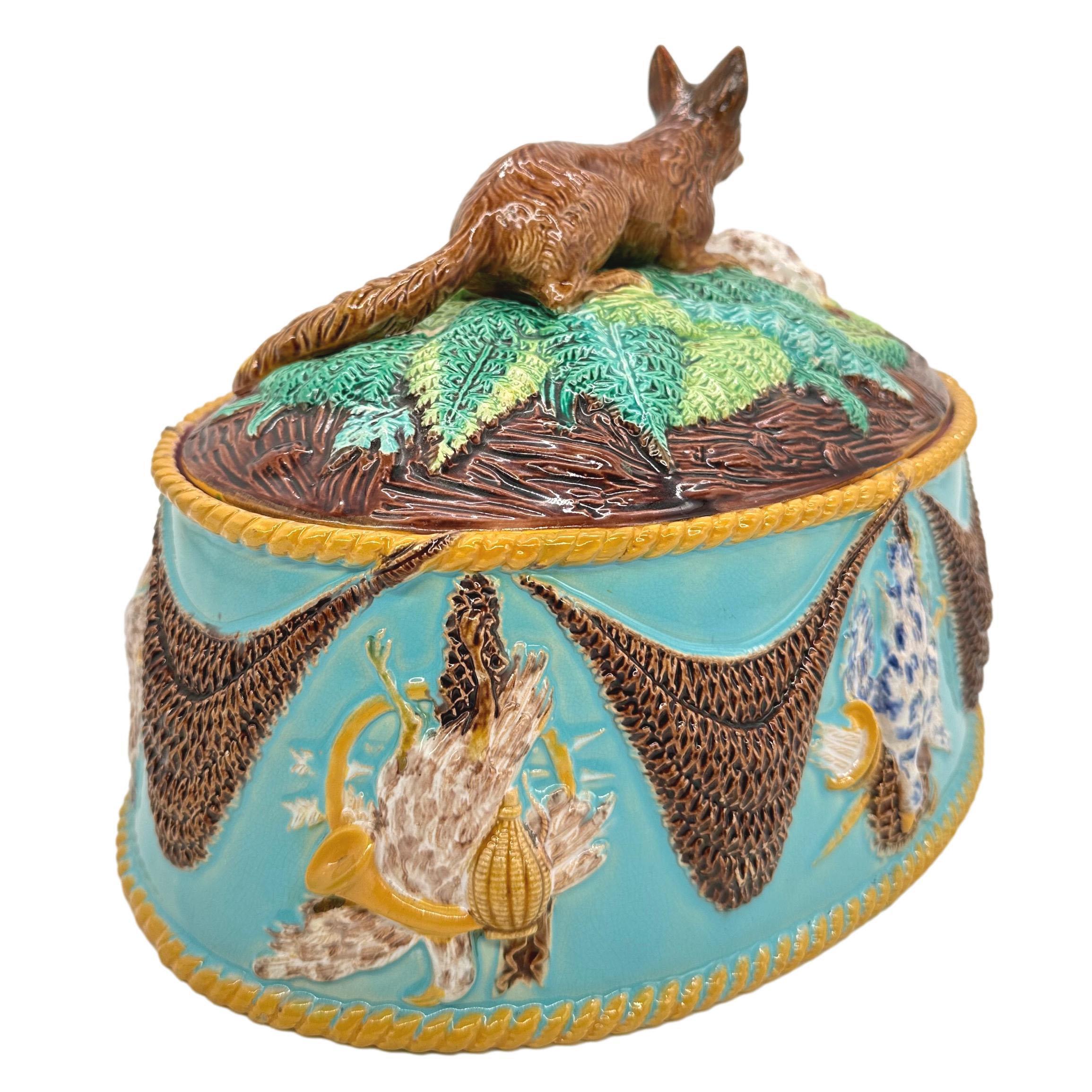 19th Century George Jones Majolica Game Tureen with Fox, Turquoise Ground, English, ca. 1870 For Sale