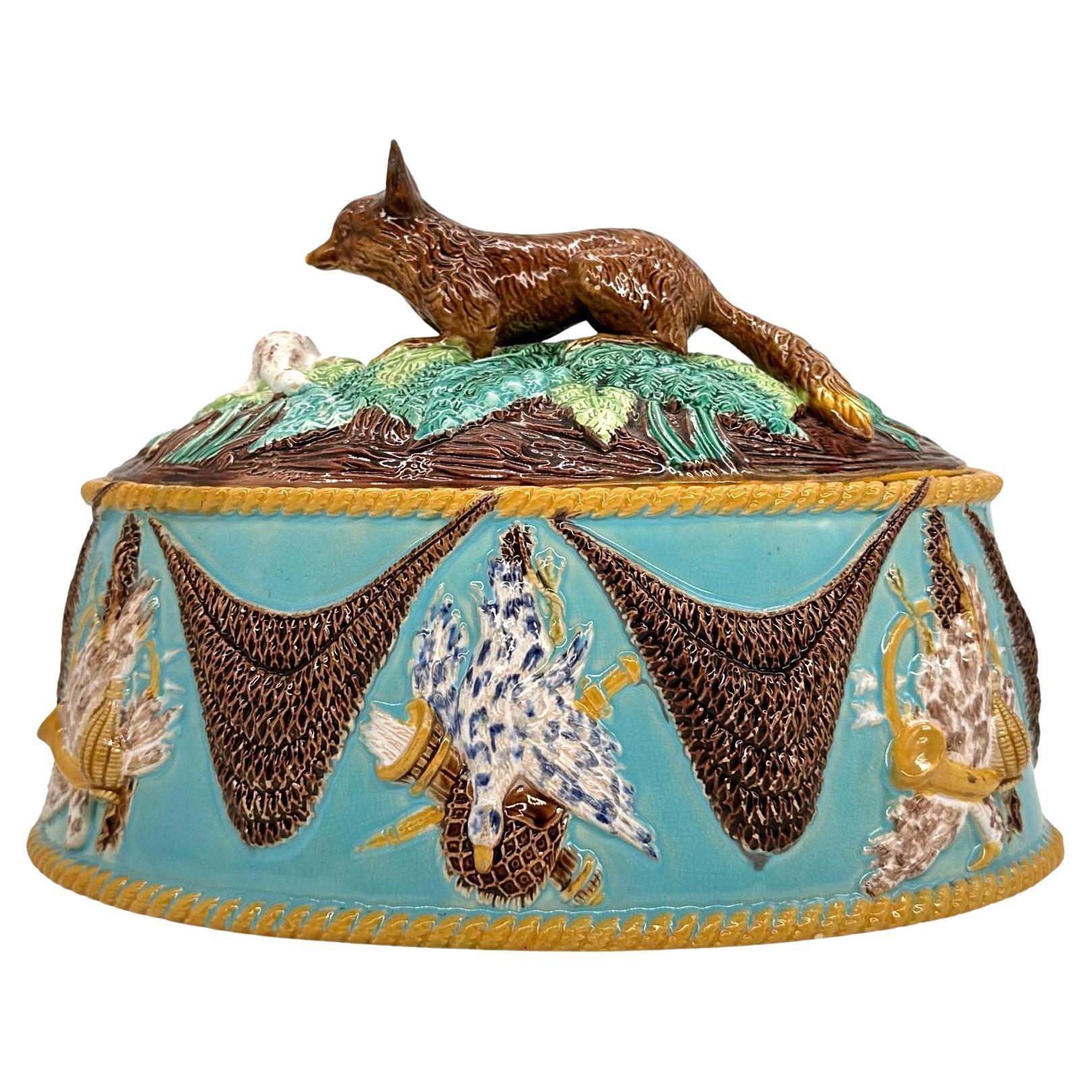 George Jones Majolica Game Tureen with Fox, Turquoise Ground, English, ca. 1870 For Sale