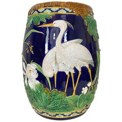 George Jones Majolica Garden Seat, Herons on Cobalt Blue Ground, English