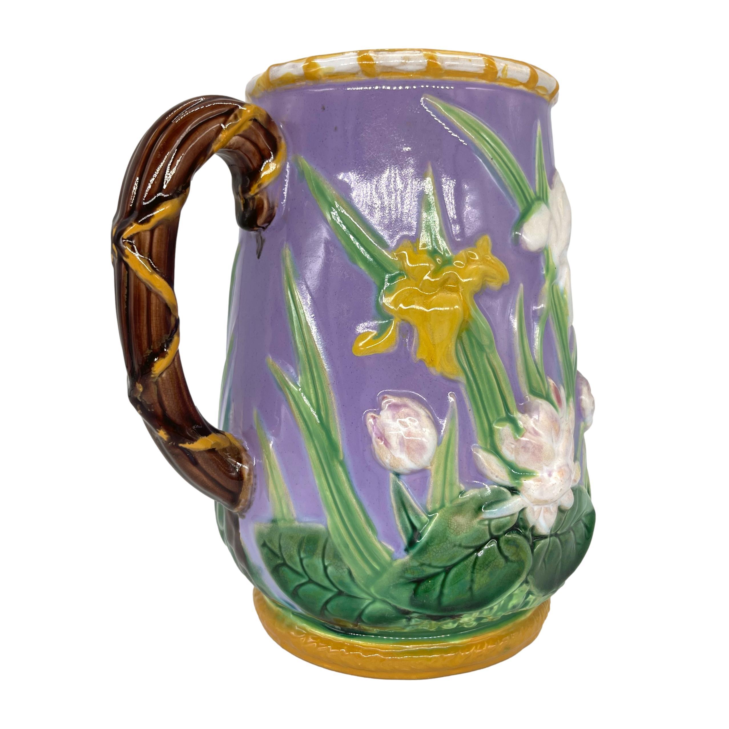 Victorian George Jones Majolica Iris & Water Lily Pitcher, True Lavendar Ground, ca. 1875