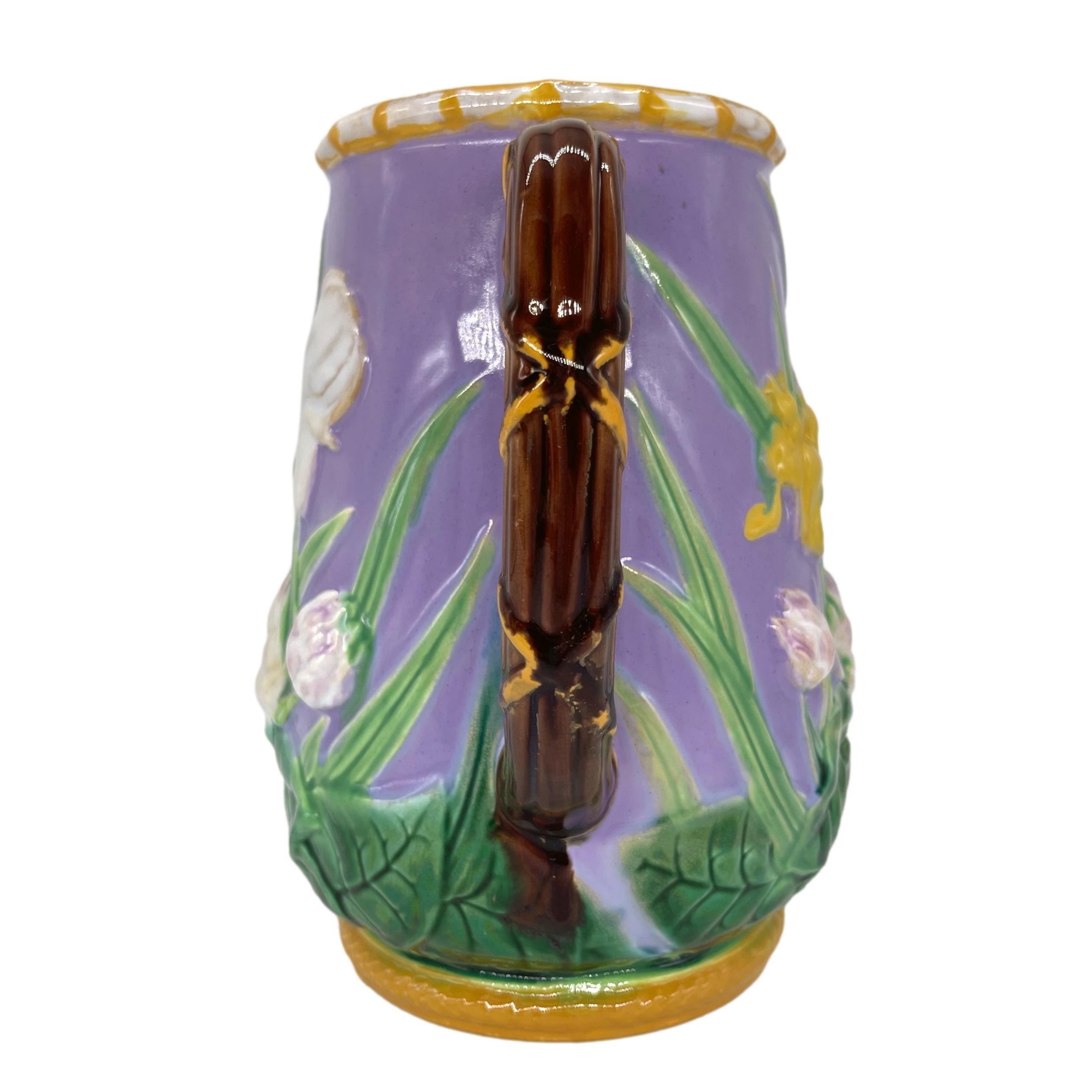 English George Jones Majolica Iris & Water Lily Pitcher, True Lavendar Ground, ca. 1875