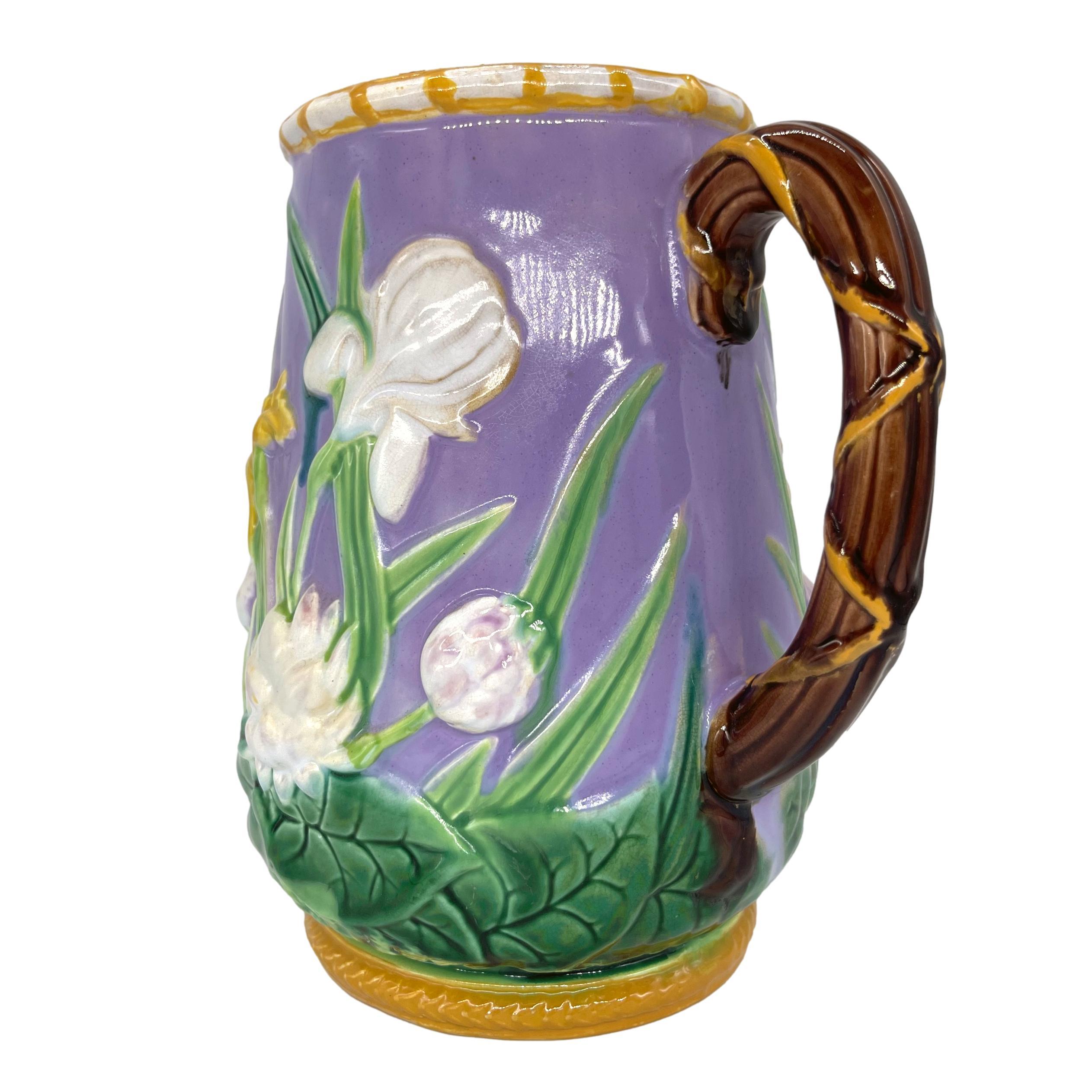 Molded George Jones Majolica Iris & Water Lily Pitcher, True Lavendar Ground, ca. 1875