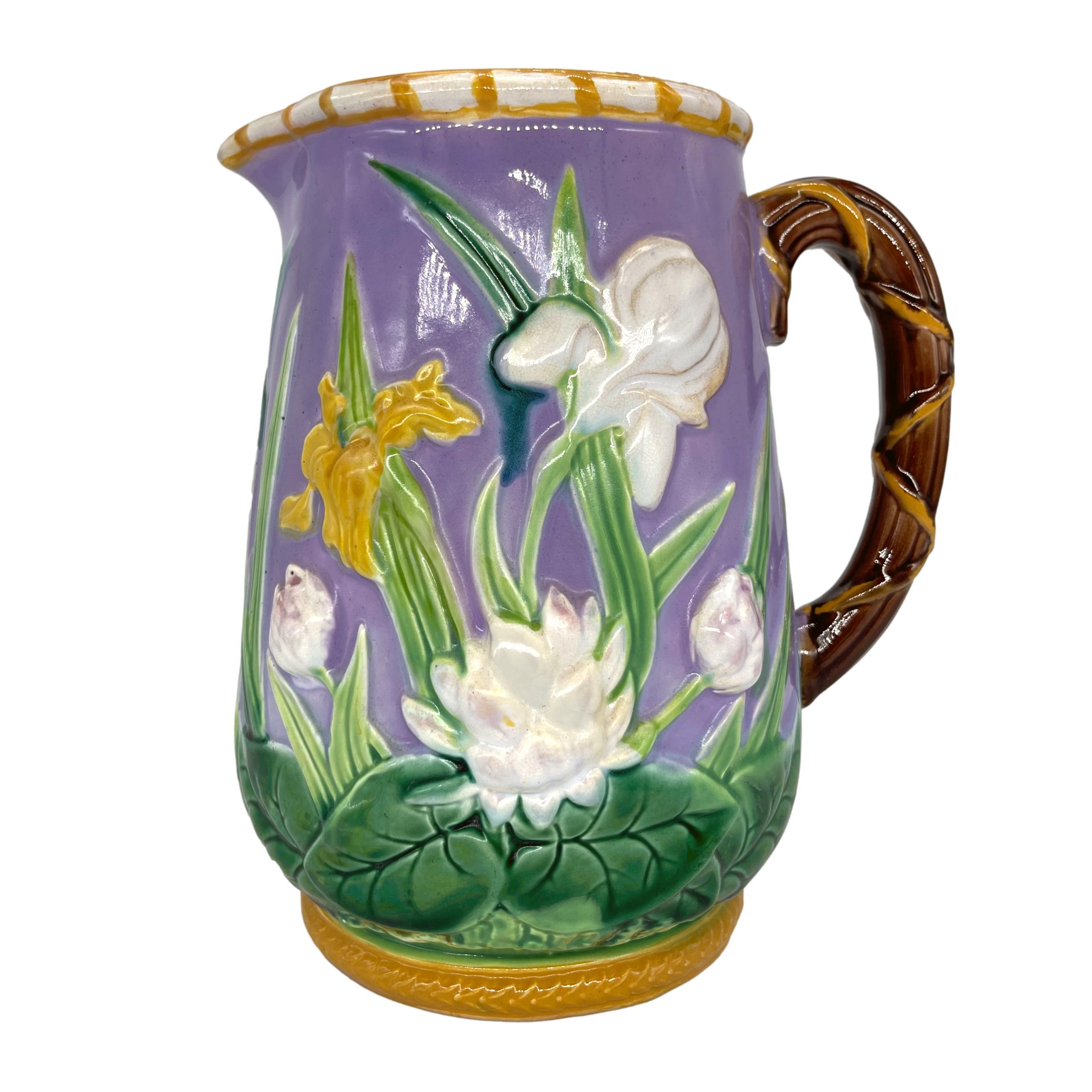 George Jones Majolica Iris & Water Lily Pitcher, True Lavendar Ground, ca. 1875 In Good Condition In Banner Elk, NC