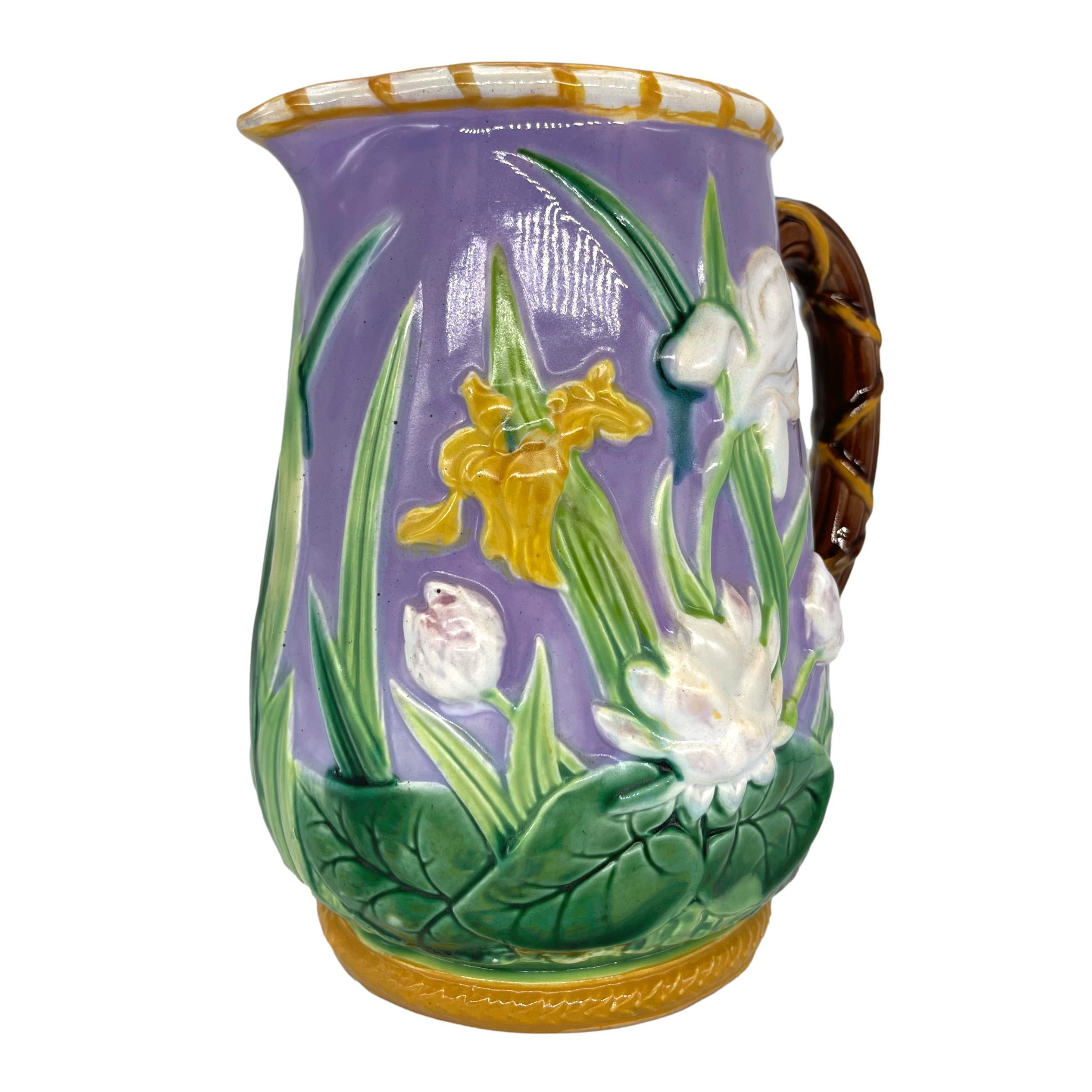 19th Century George Jones Majolica Iris & Water Lily Pitcher, True Lavendar Ground, ca. 1875