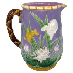 George Jones Majolica Iris & Water Lily Pitcher, True Lavendar Ground, ca. 1875