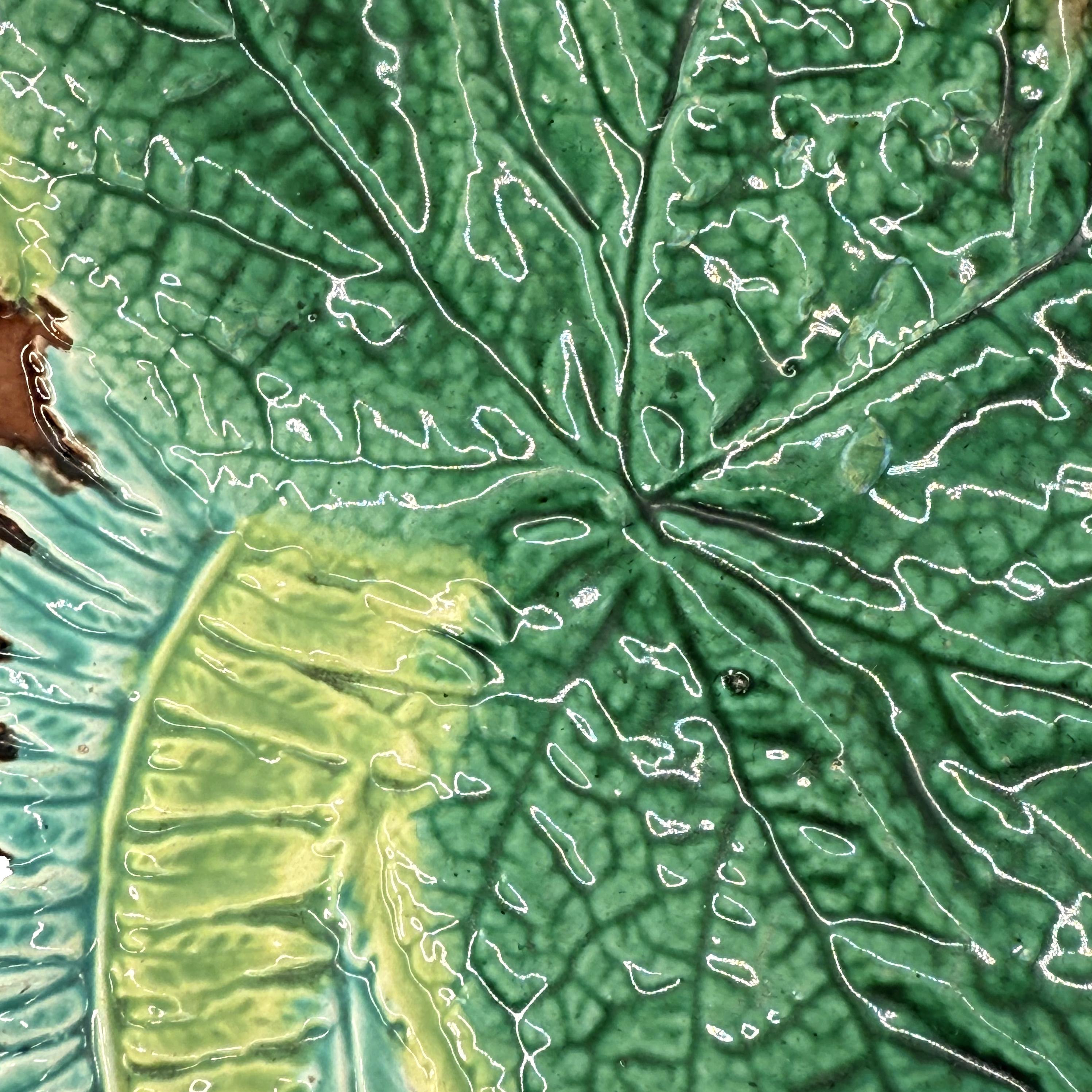 Moulé Assiette à feuilles d'érable et fougères en majolique de George Jones sur fond Brown, vers 1870 en vente