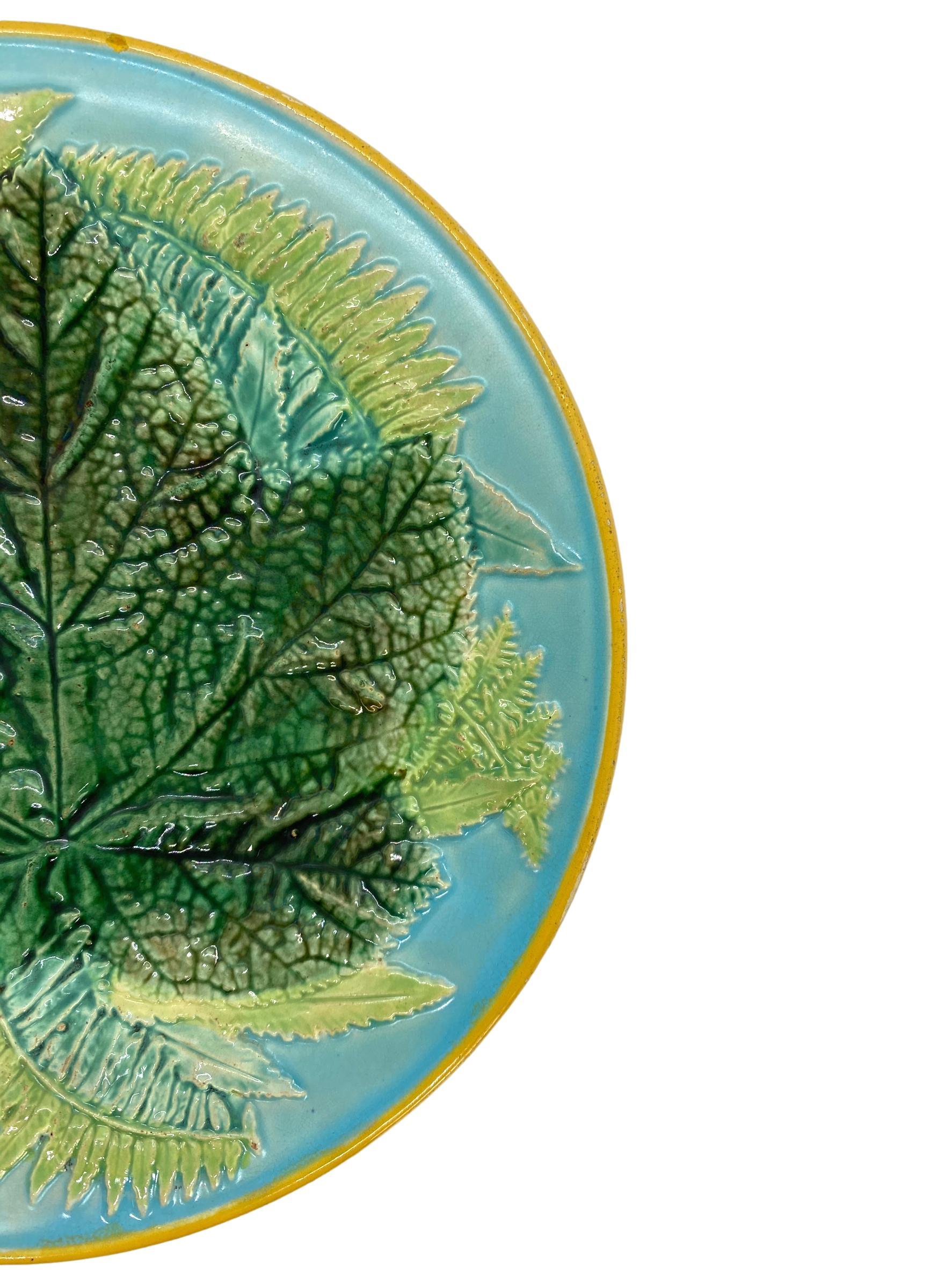 Victorian George Jones Majolica Maple Leaf and Ferns Plate on Turquoise, English, ca. 1873