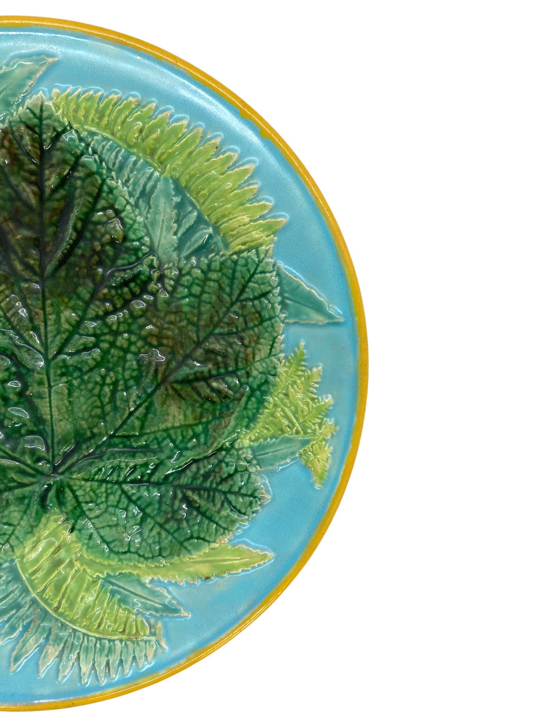 Victorian George Jones Majolica Maple Leaf and Ferns Plate on Turquoise, English, ca. 1873