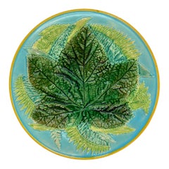 George Jones Majolica Maple Leaf and Ferns Plate on Turquoise, English, ca. 1873