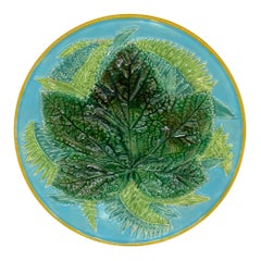 George Jones Majolica Maple Leaf and Ferns Plate on Turquoise, English, ca. 1873