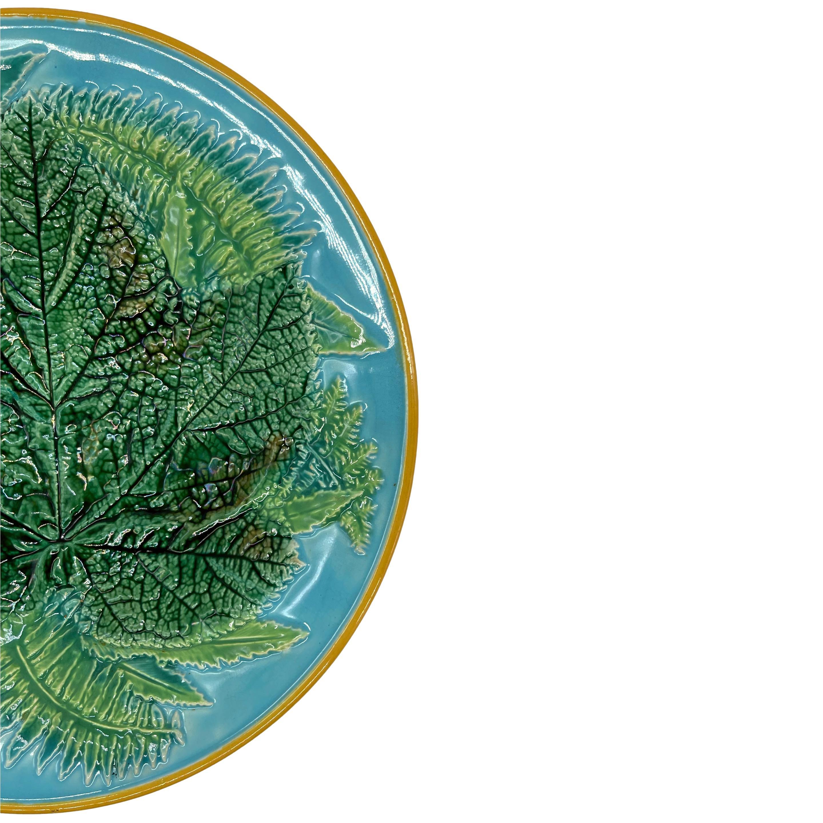 Victorian George Jones Majolica Maple Leaf and Ferns Plate on Turquoise Ground, ca. 1870