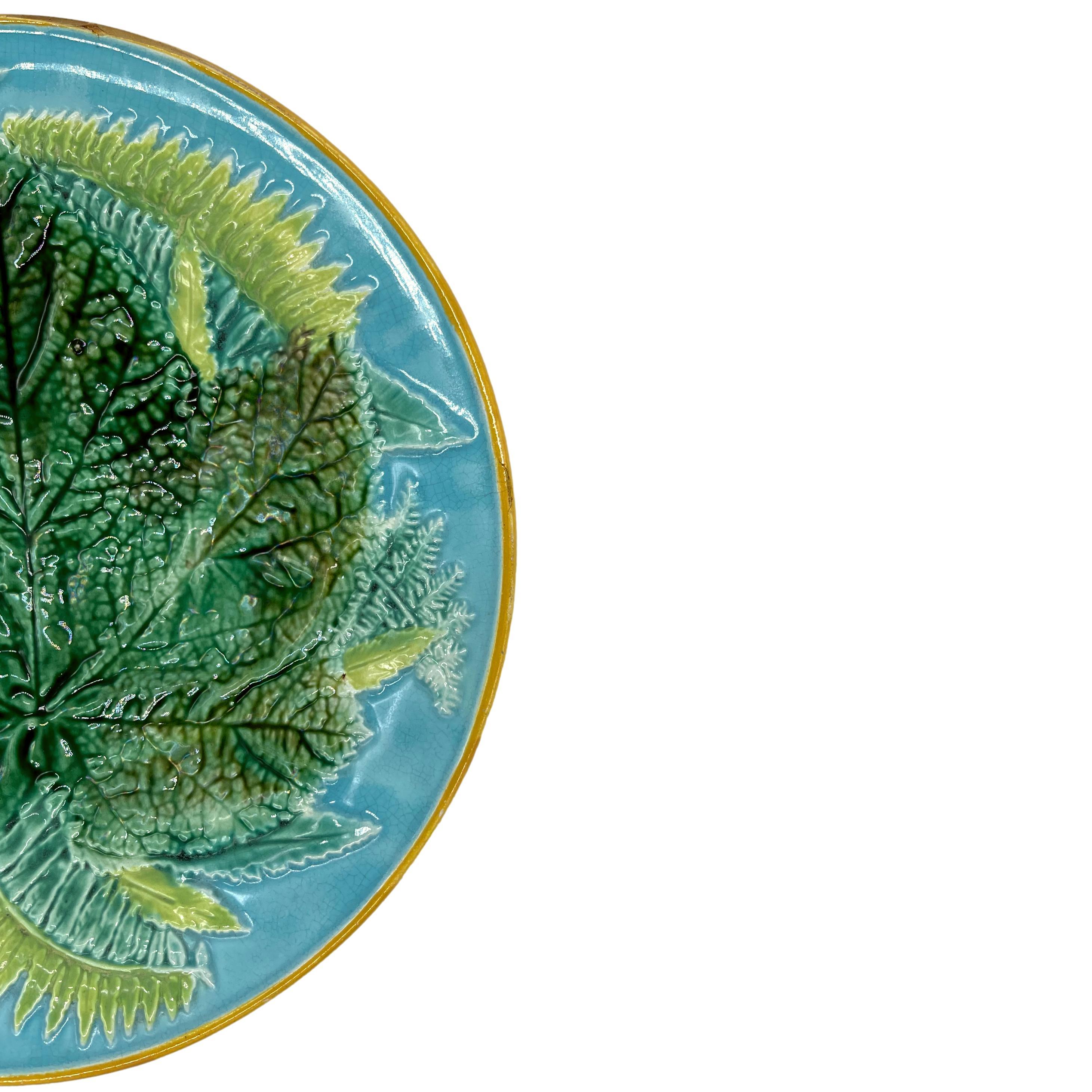 Victorian George Jones Majolica Maple Leaf and Ferns Plate on Turquoise Ground, ca. 1870