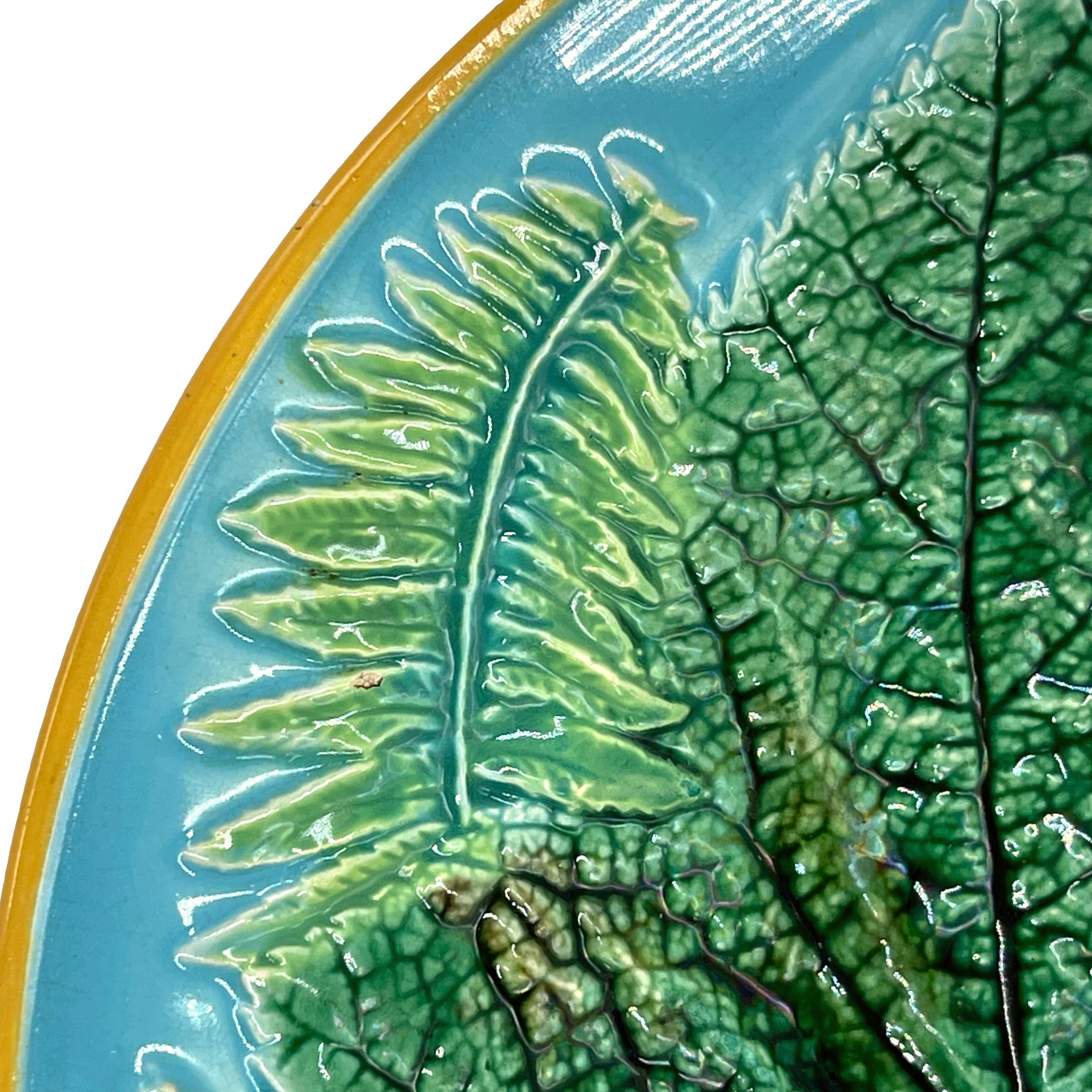 English George Jones Majolica Maple Leaf and Ferns Plate on Turquoise Ground, ca. 1870