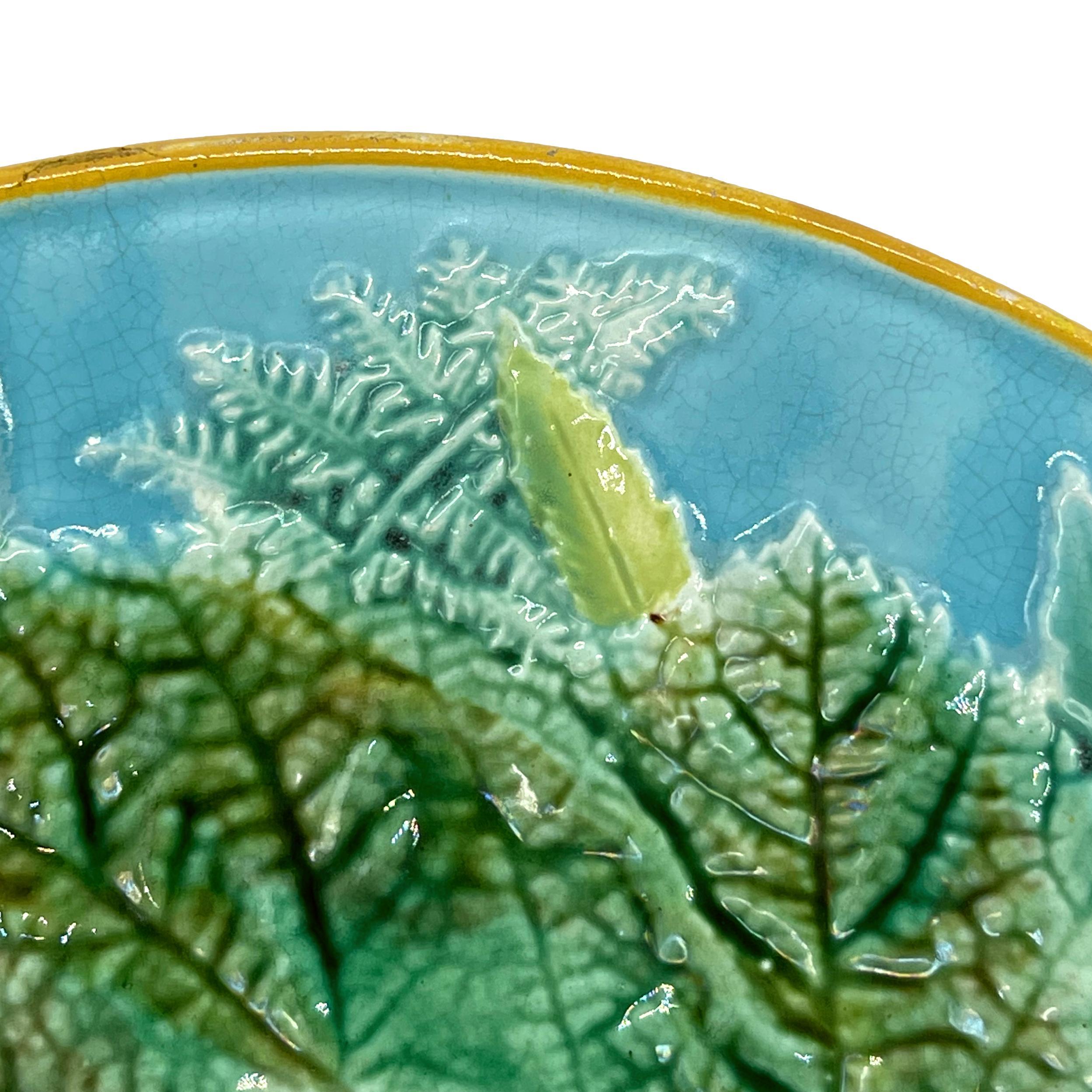 English George Jones Majolica Maple Leaf and Ferns Plate on Turquoise Ground, ca. 1870