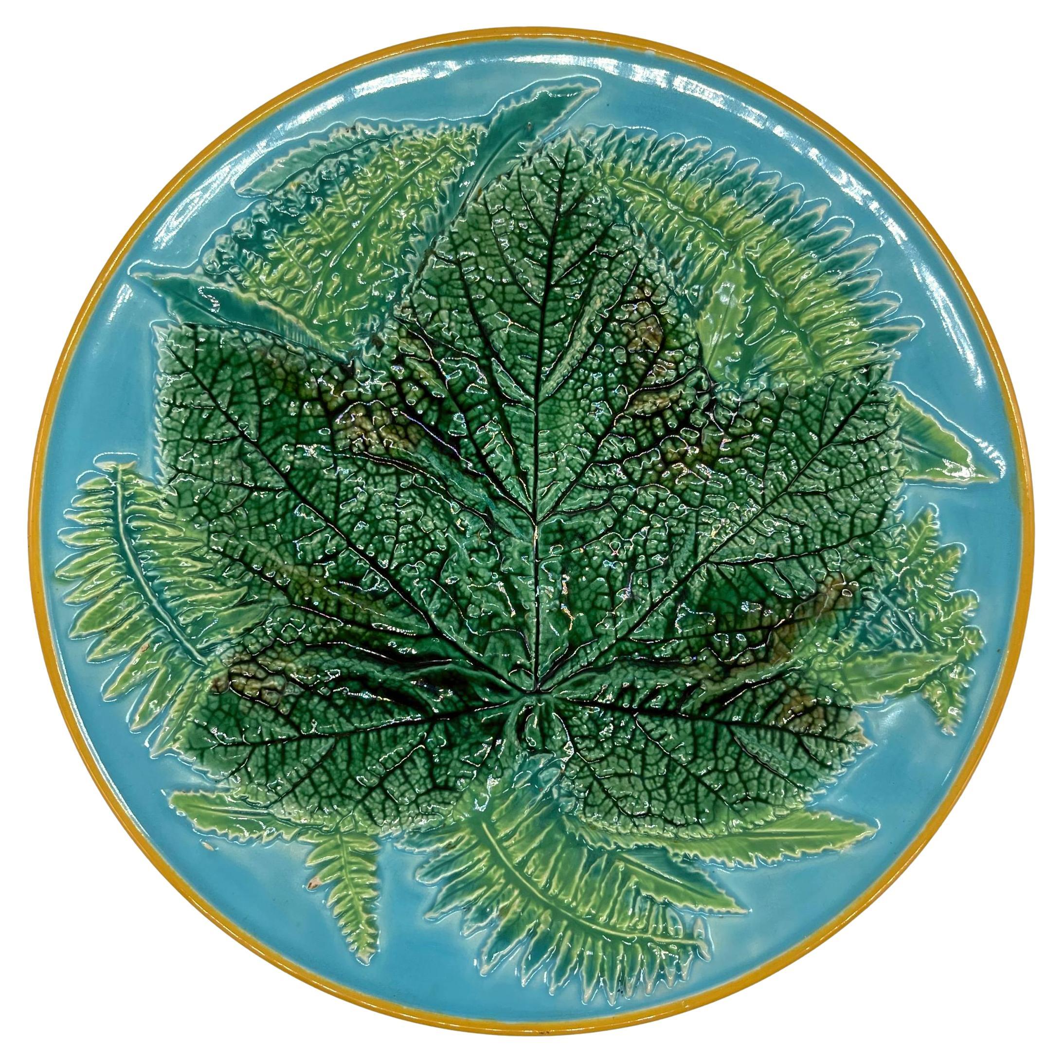George Jones Majolica Maple Leaf and Ferns Plate on Turquoise Ground, ca. 1870