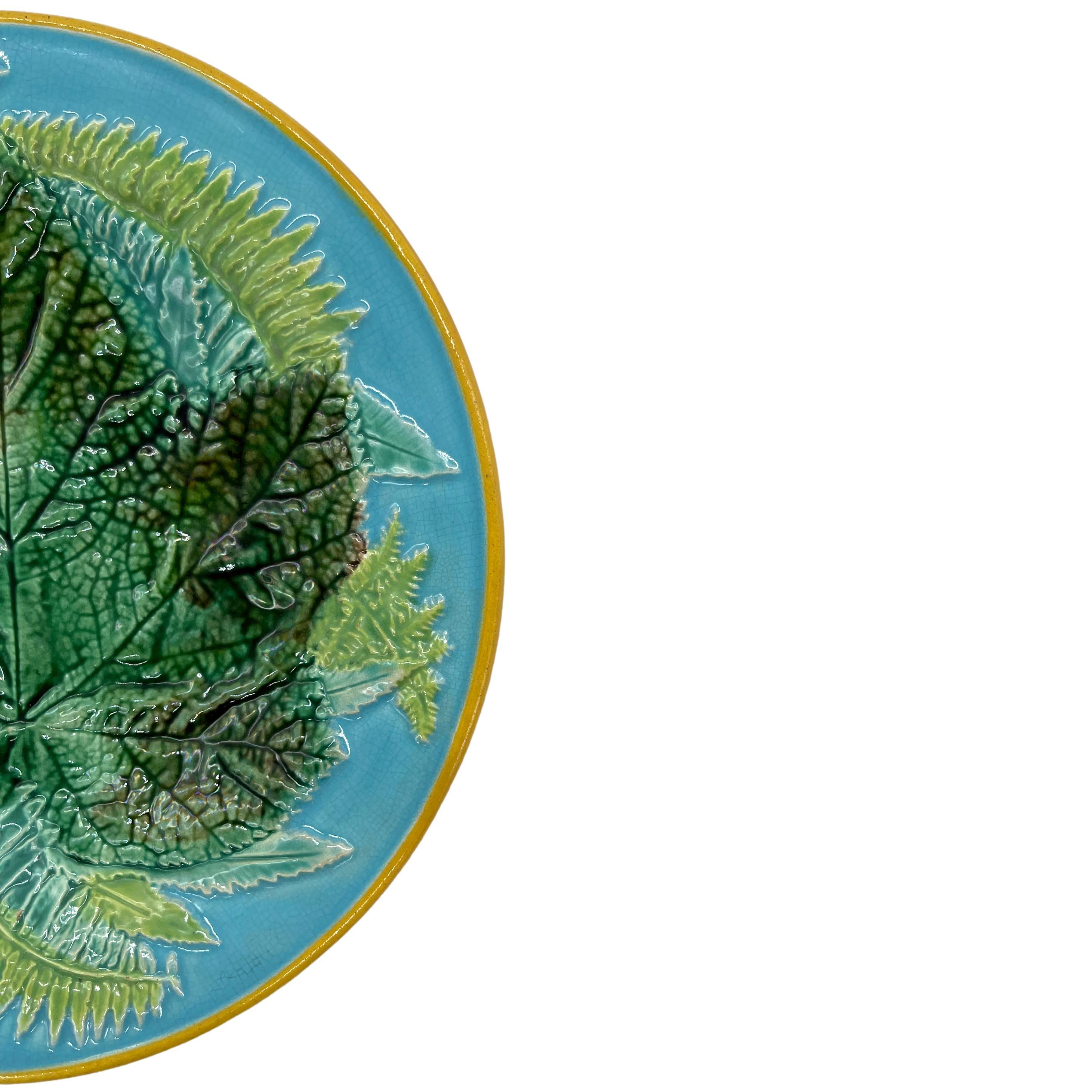 Victorian George Jones Majolica Maple Leaf and Ferns Plate on Turquoise Ground, ca. 1873