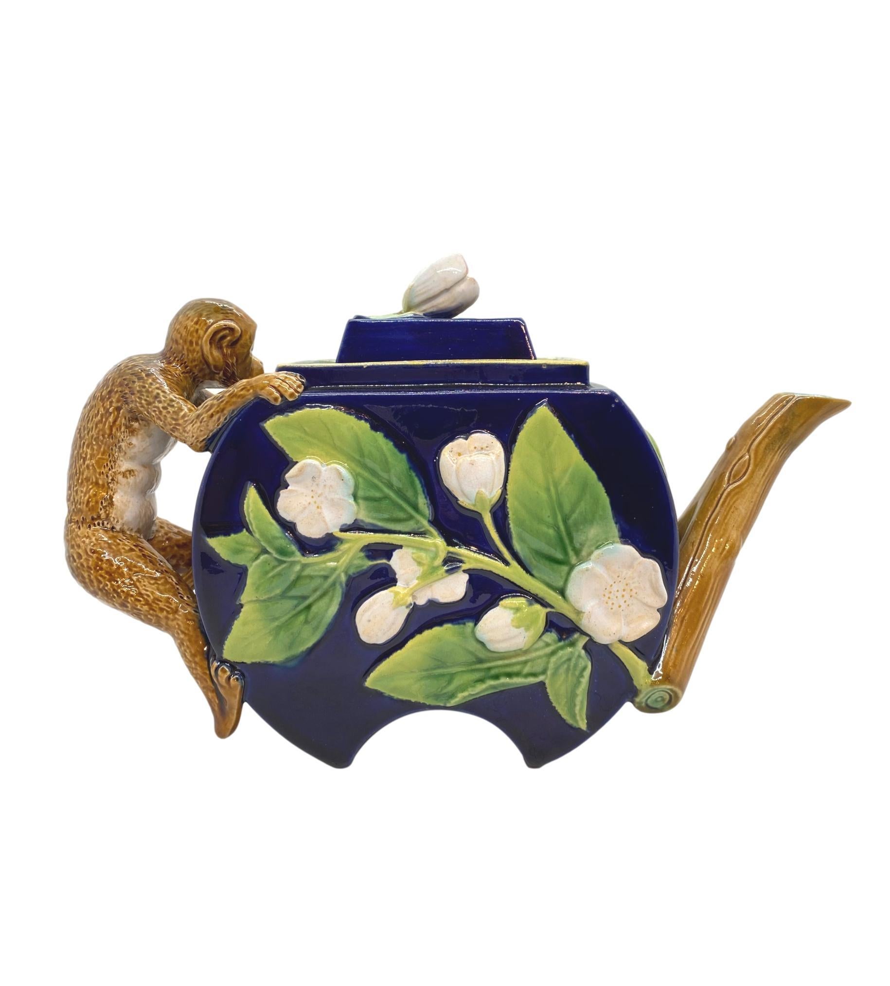 Victorian George Jones Majolica Monkey Teapot in Cobalt Blue, English, ca. 1875