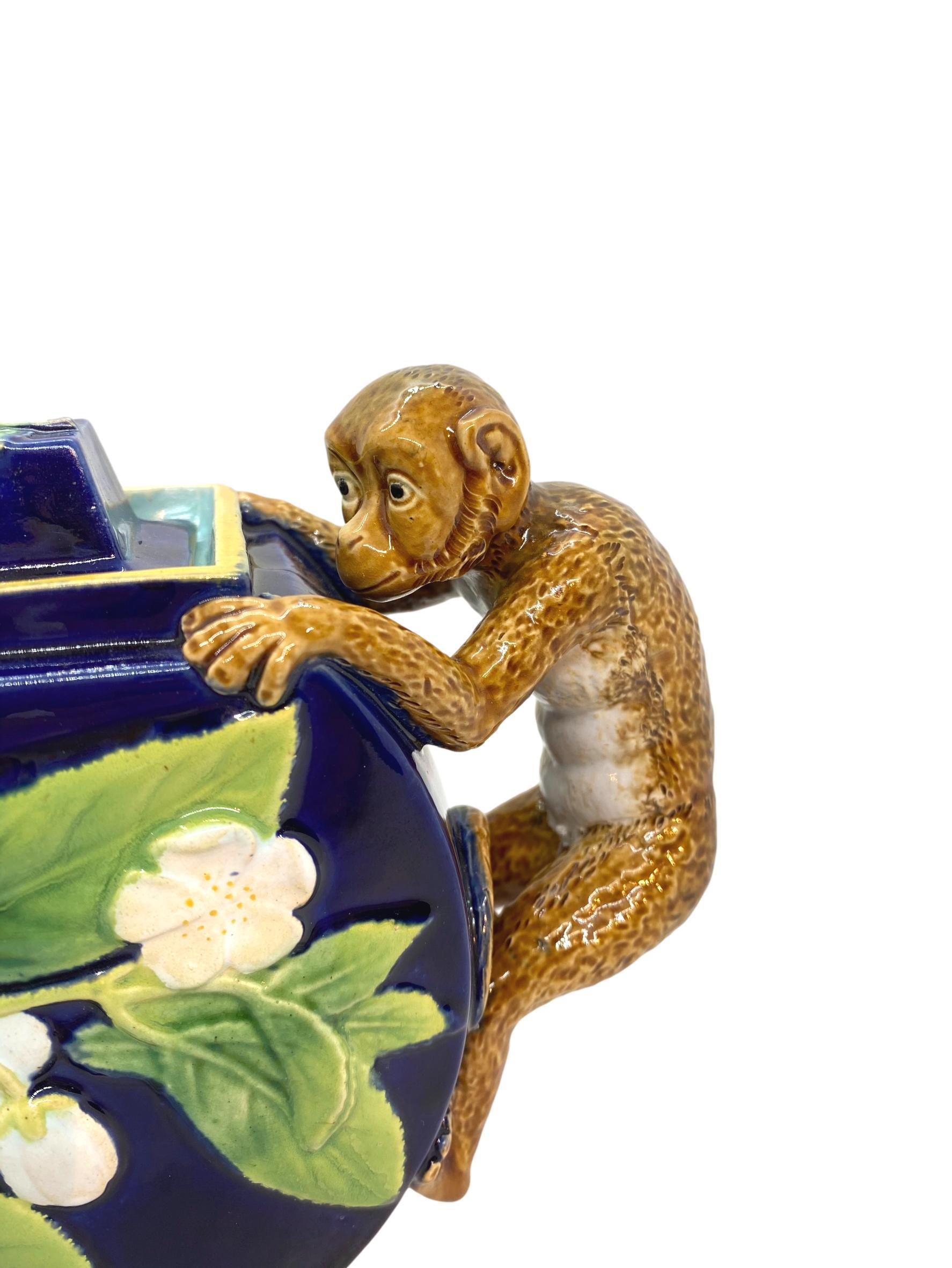 George Jones Majolica Monkey Teapot in Cobalt Blue, English, ca. 1875 2