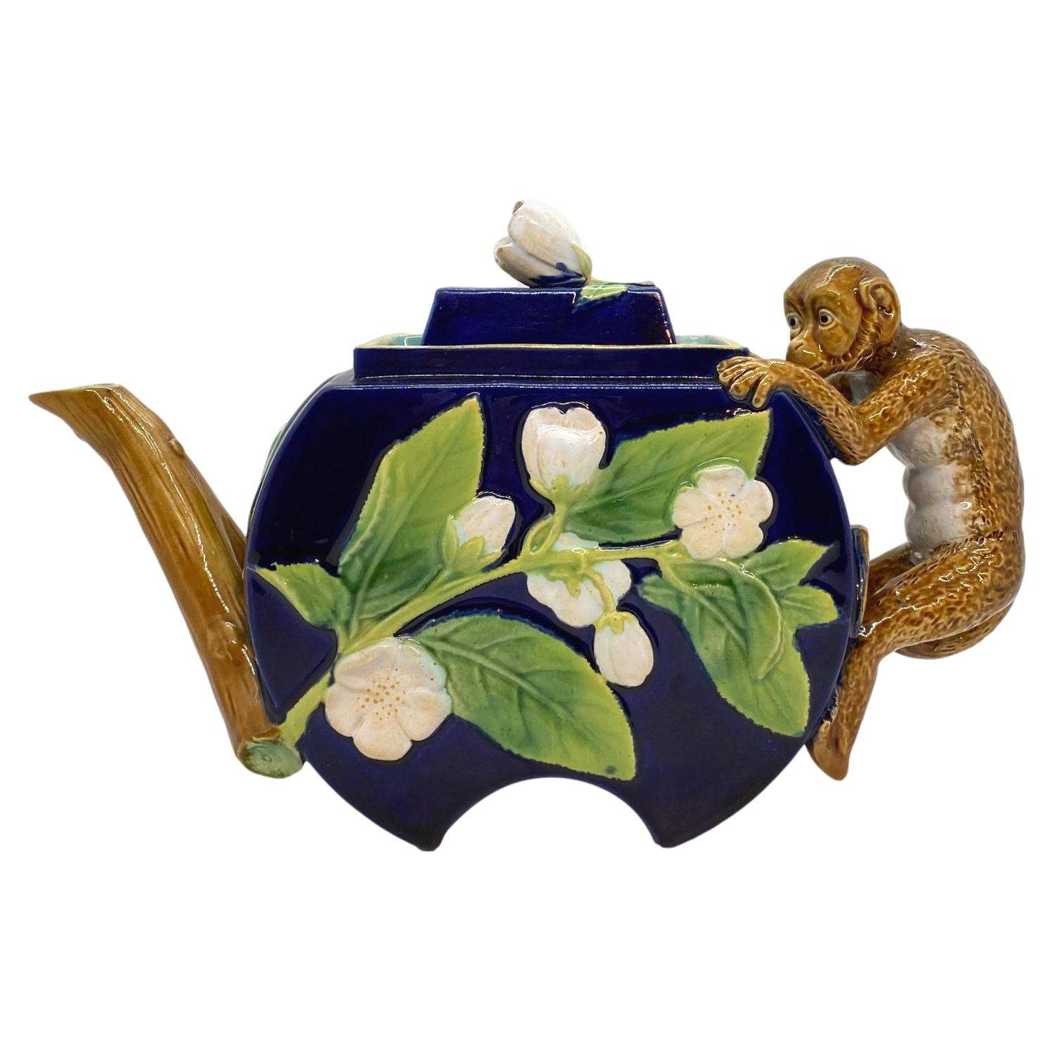 George Jones Majolica Monkey Teapot in Cobalt Blue, English, ca. 1875