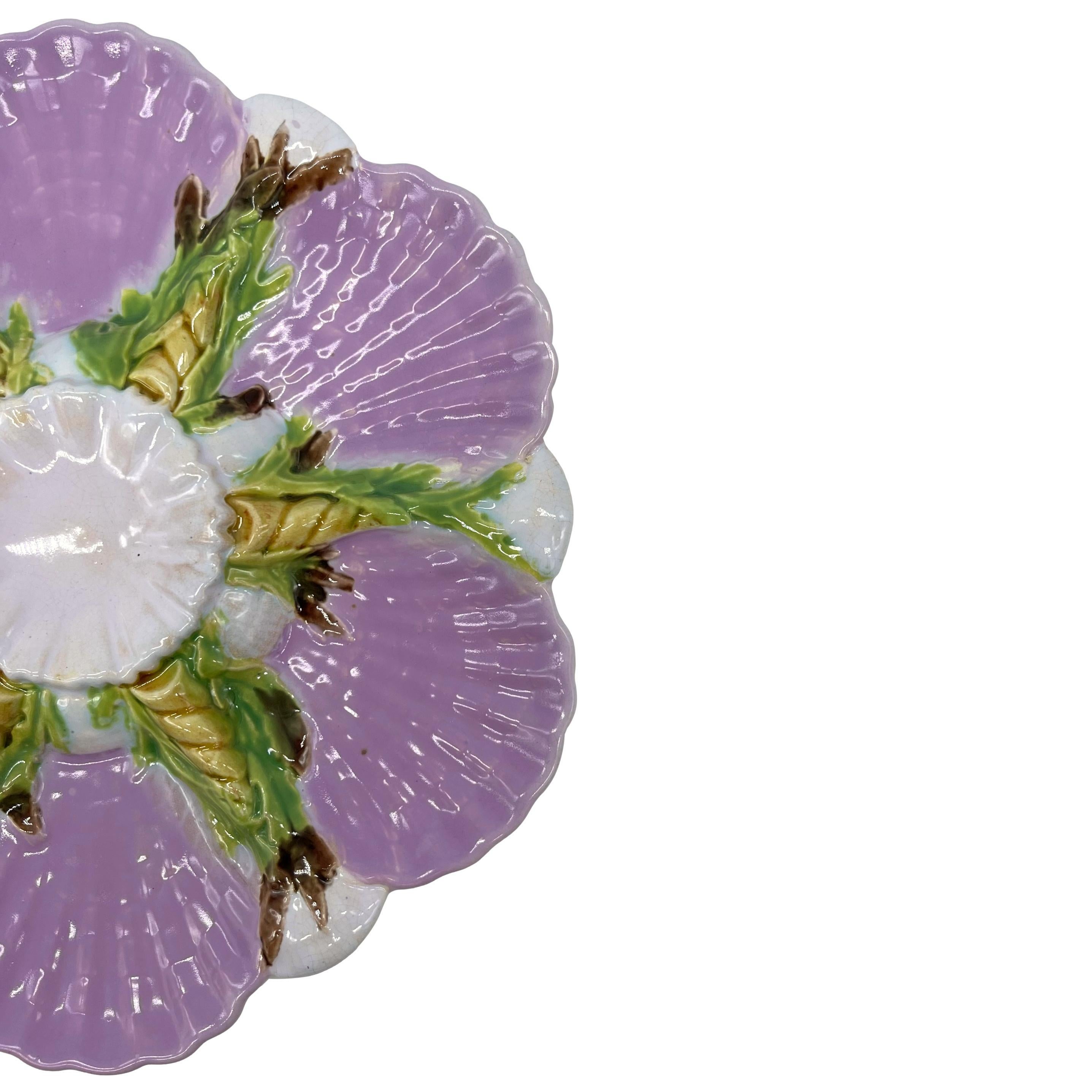 Victorian George Jones Majolica Oyster Plate, Glazed in Lilac Pink, English, Dated 1880