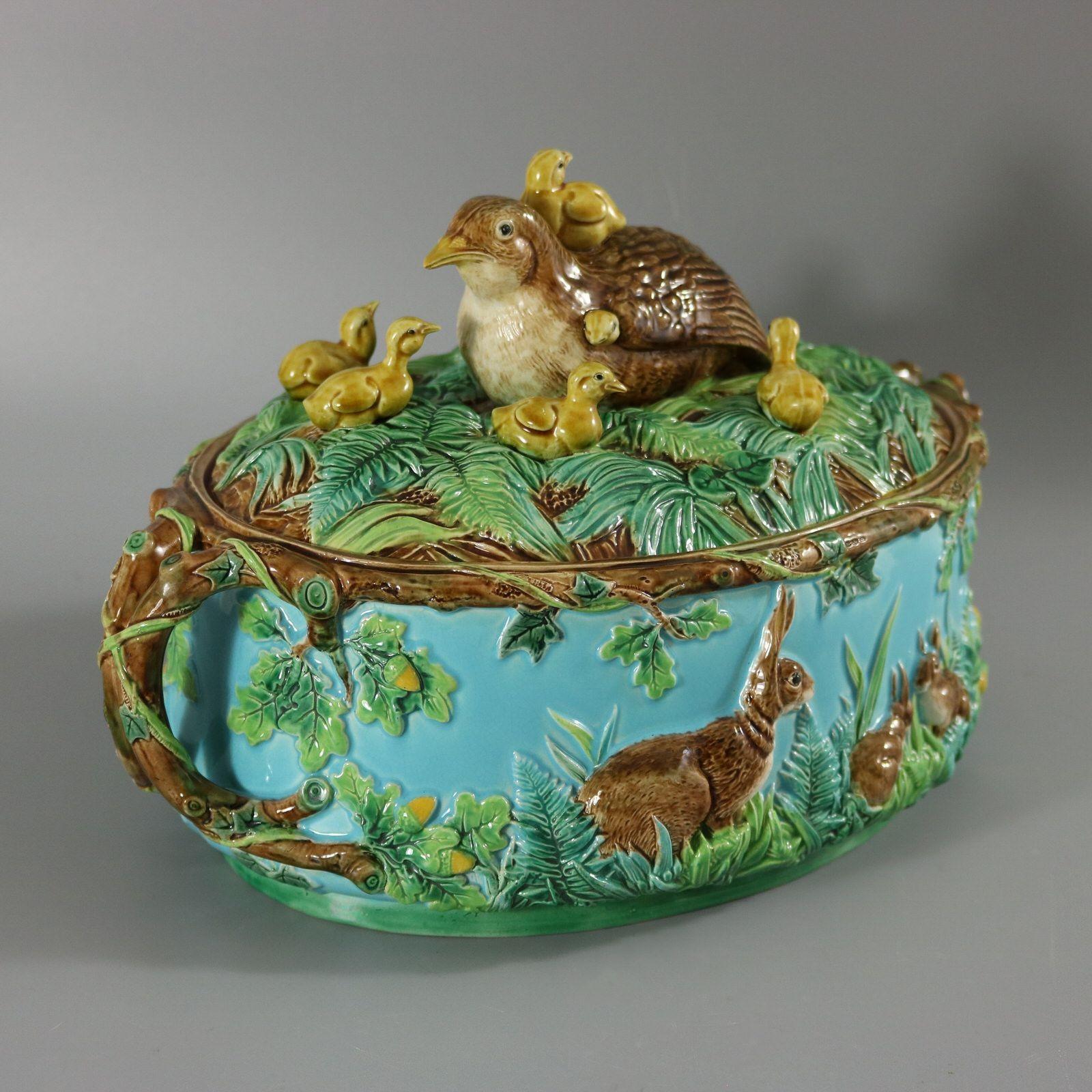 Late 19th Century George Jones Majolica Partridge and Chicks Game Pie Dish