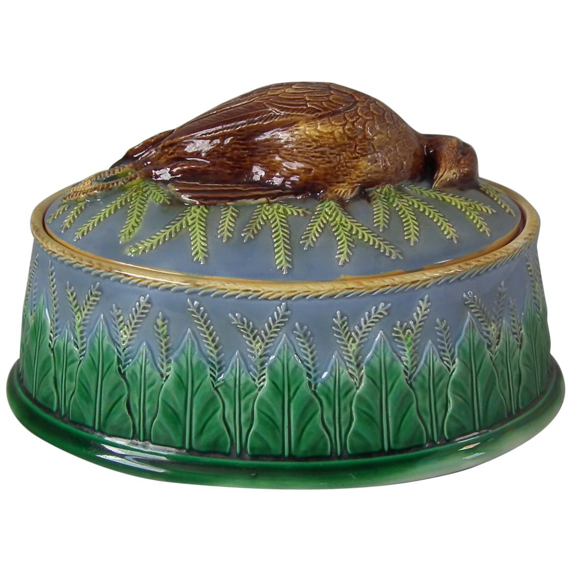 George Jones Majolica Partridge Game Pie Dish and Cover For Sale