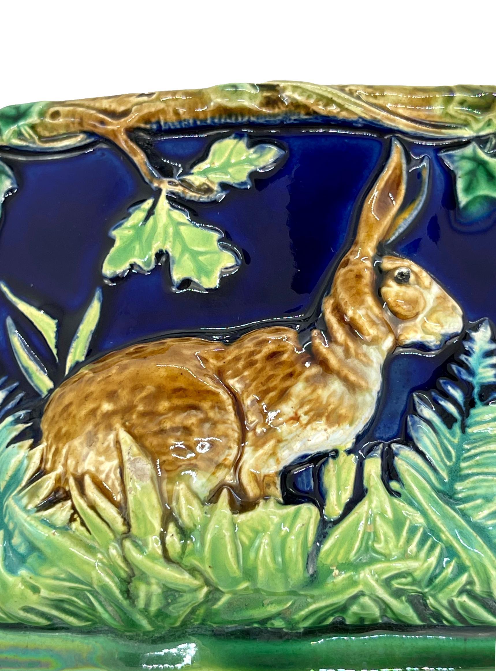George Jones Majolica Partridge Tureen with Rabbits and Ferns in Cobalt, 1877 6