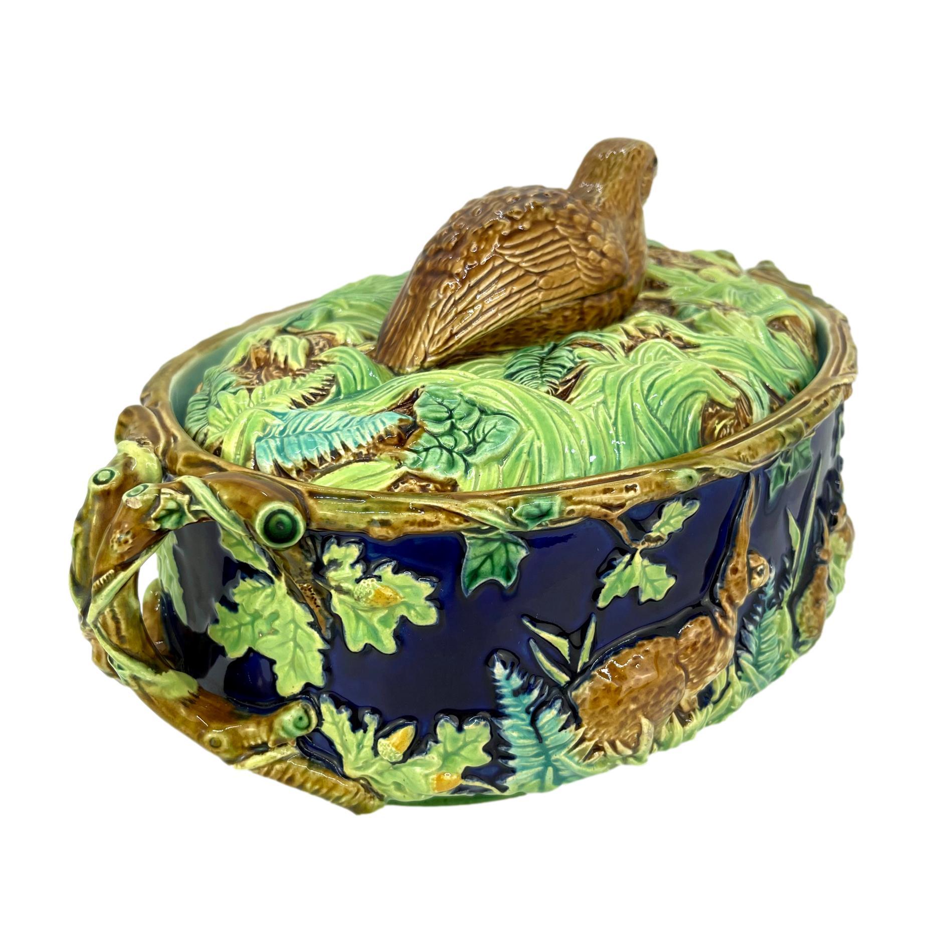 English George Jones Majolica Partridge Tureen with Rabbits and Ferns in Cobalt, 1877