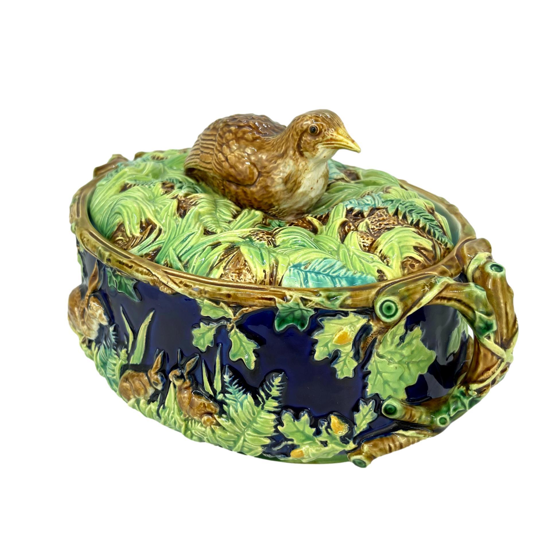 Molded George Jones Majolica Partridge Tureen with Rabbits and Ferns in Cobalt, 1877