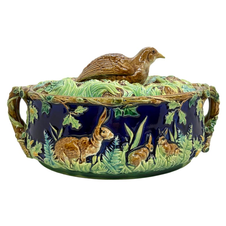 Geo Rabbit Paris Tureen George Jones Majolica Partridge Tureen with Rabbits and Ferns in Cobalt ...