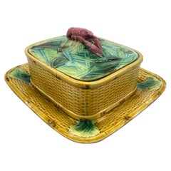 George Jones Majolica Pâté Box, Langoustine Finial, Bamboo & Basketweave, 1877