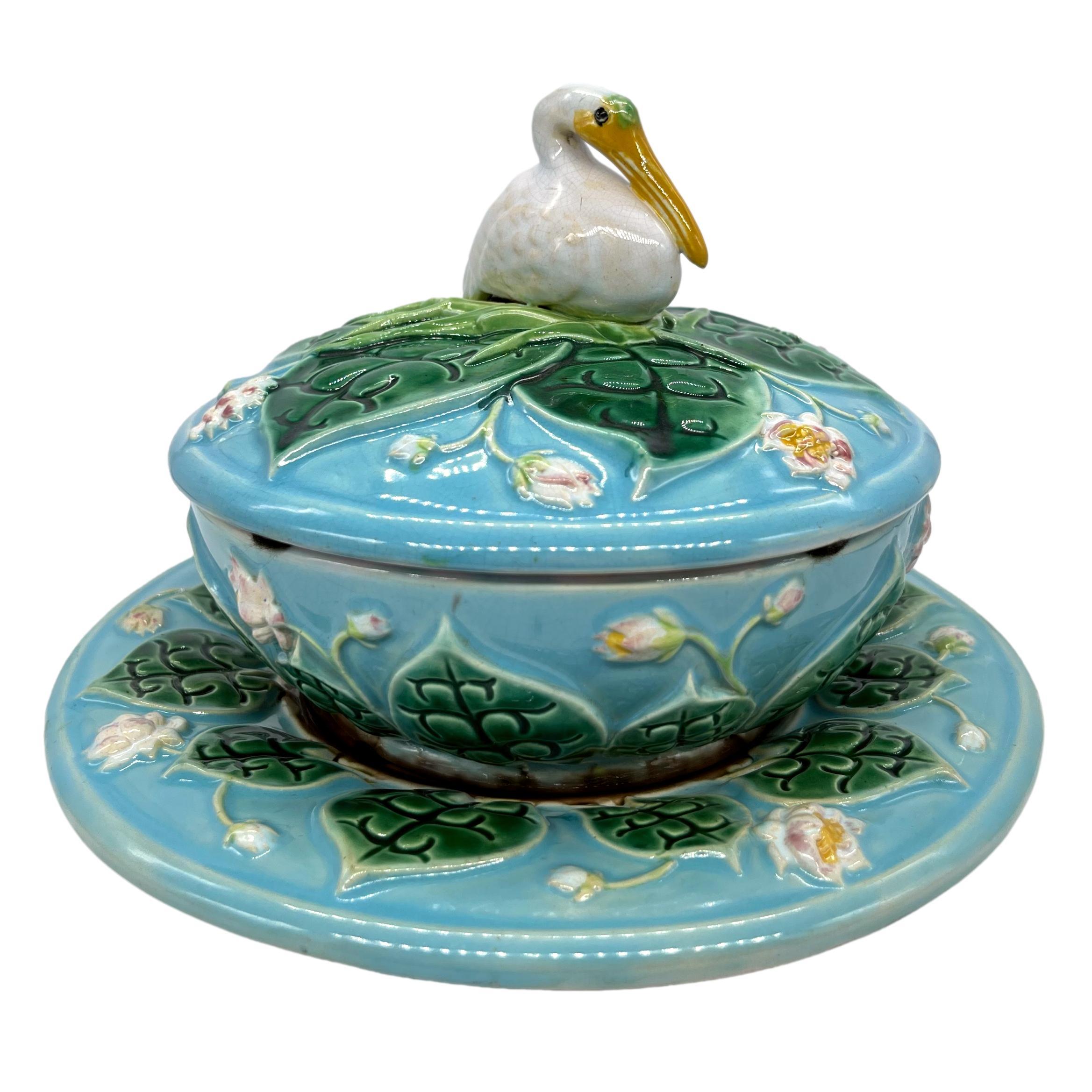 English George Jones Majolica Pâté Server with Stand & Cover, 'Stork' Finial, Dated 1875