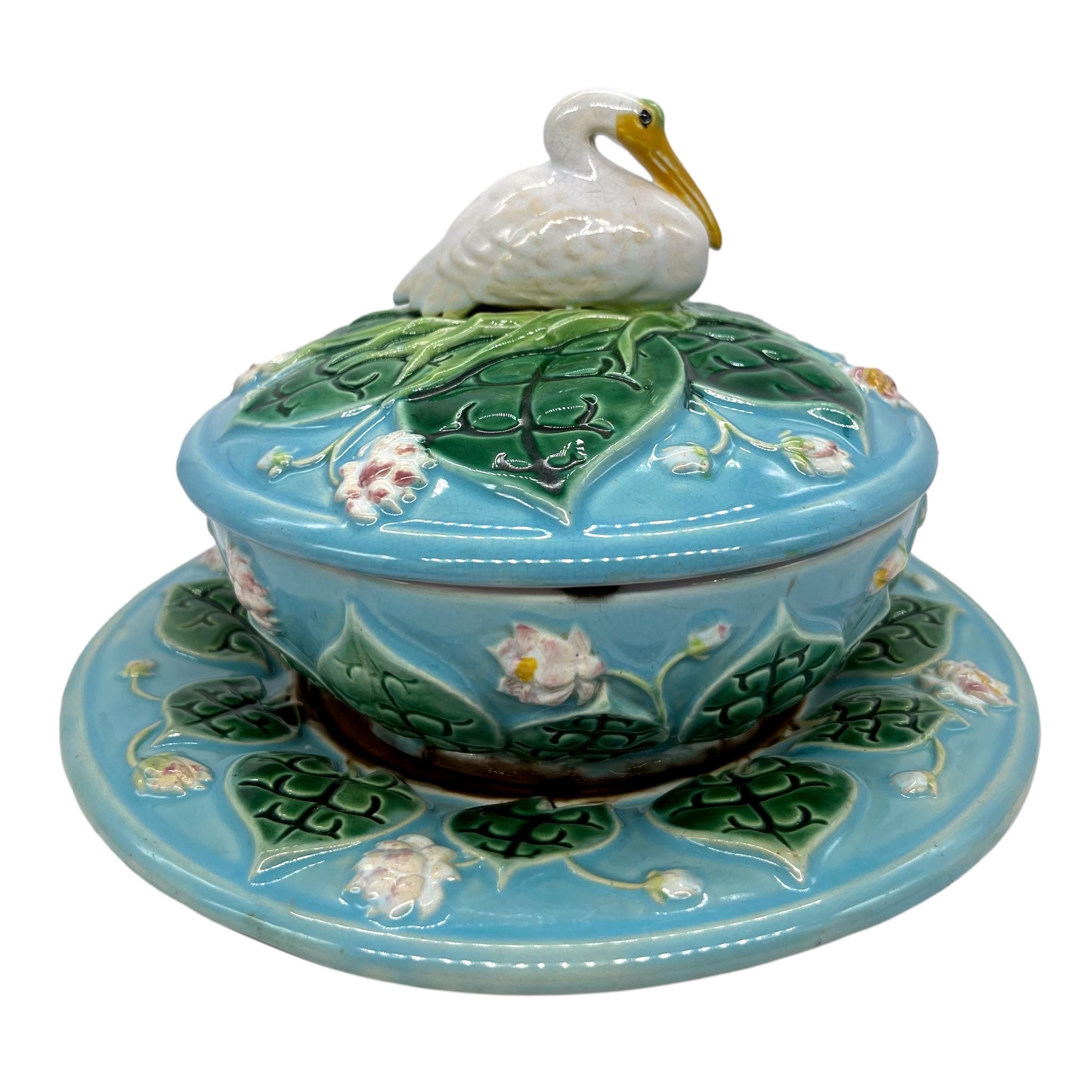 Molded George Jones Majolica Pâté Server with Stand & Cover, 'Stork' Finial, Dated 1875