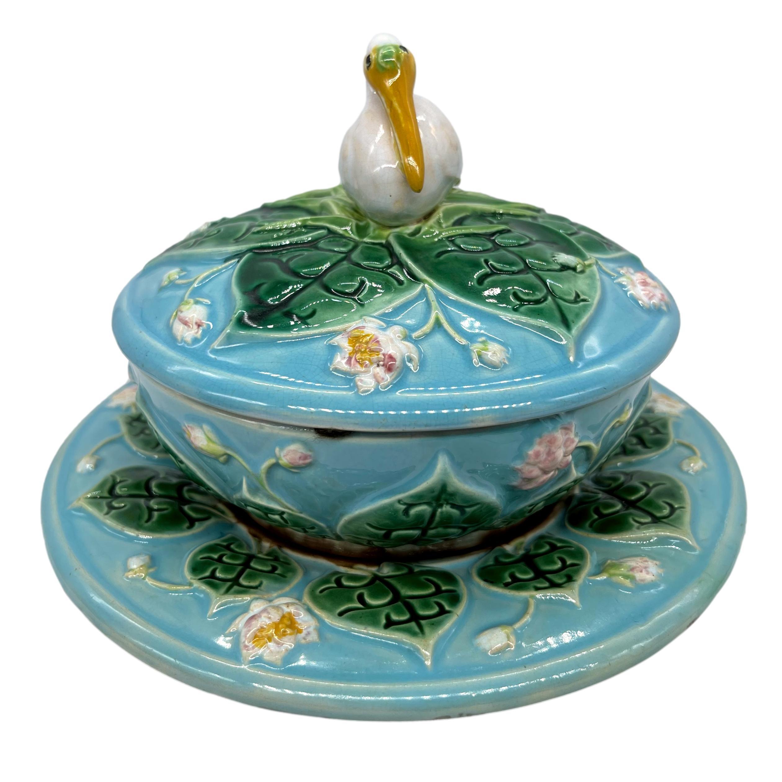 19th Century George Jones Majolica Pâté Server with Stand & Cover, 'Stork' Finial, Dated 1875