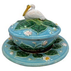 George Jones Majolica Pâté Server with Stand & Cover, 'Stork' Finial, Dated 1875