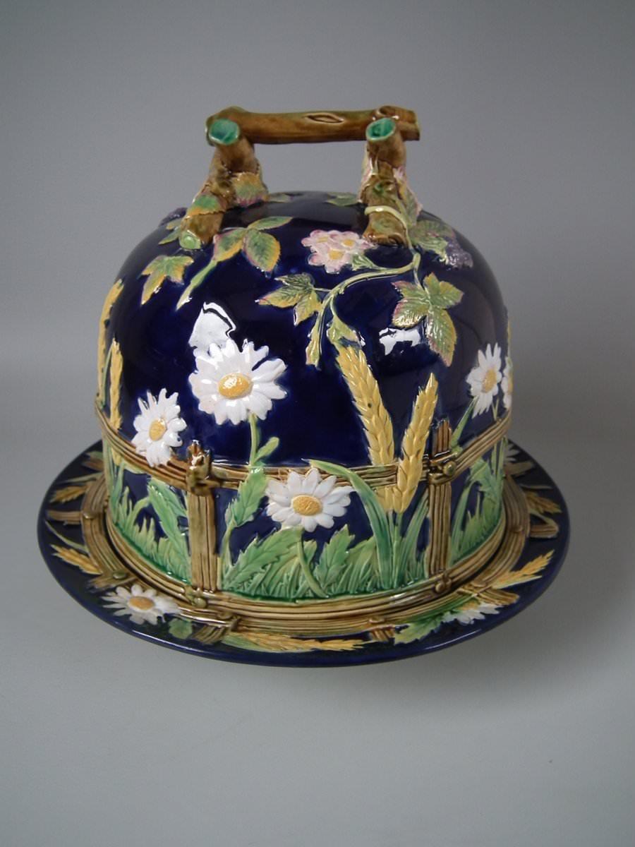 George Jones Majolica Picket Fence Daisy Cheese Dome In Good Condition In Chelmsford, Essex