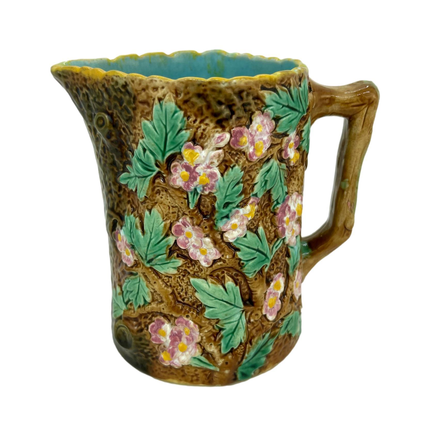 Victorian George Jones Majolica Pitcher Molded as a Hawthorn Tree, English, ca. 1875 For Sale
