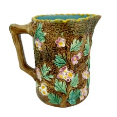 Vintage George Jones Majolica Pitcher Molded as a Hawthorn Tree, English, ca. 1875